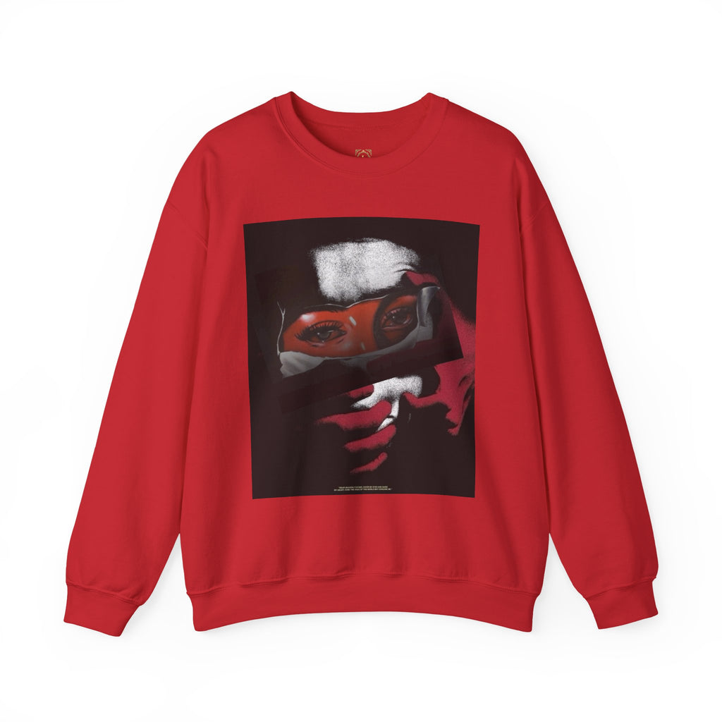 Masked Red Eyes Crewneck Sweatshirt — Graphic Streetwear with 'Legaciess' Back Logo