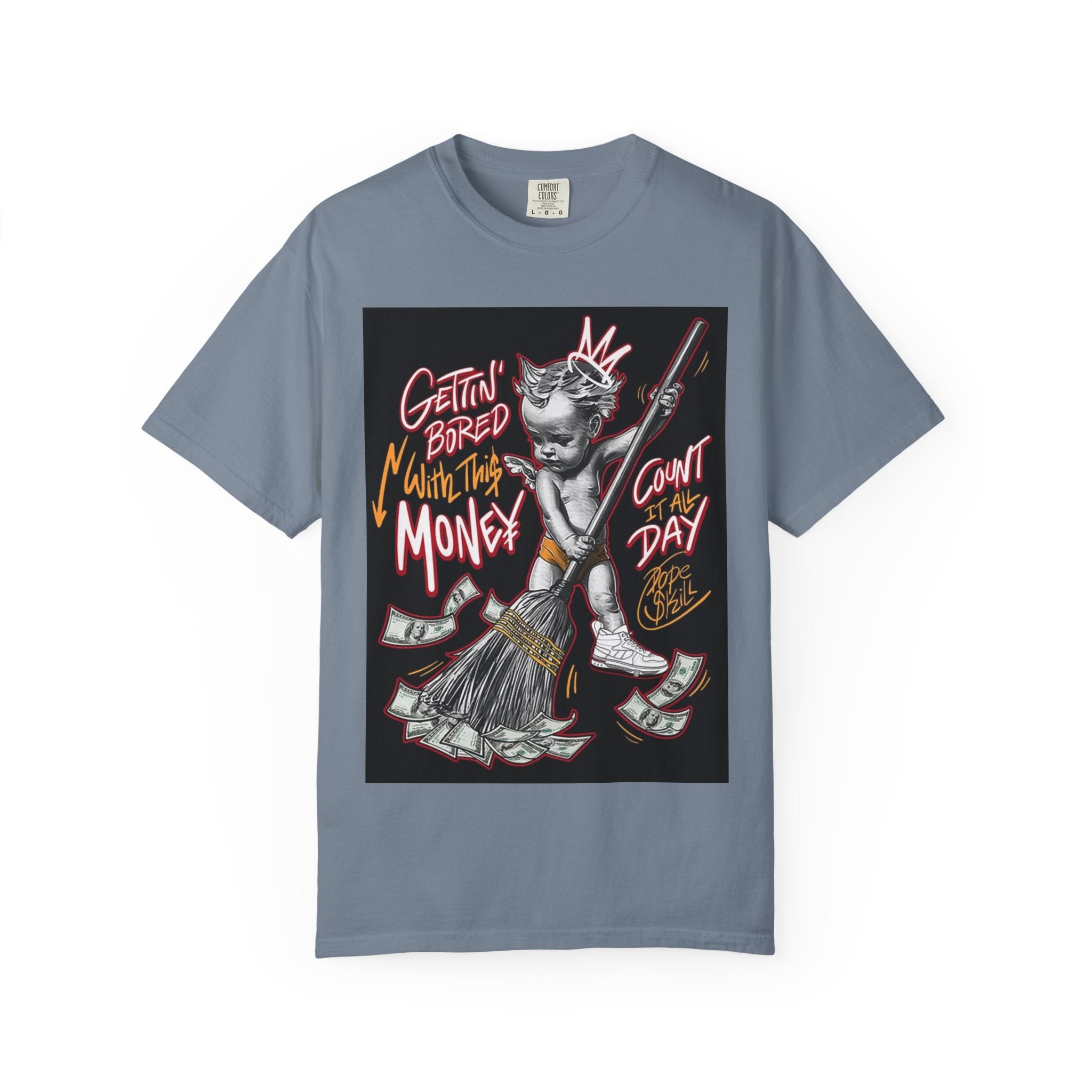 Cat Broomstick Money Tee — "Gettin' Bored With This Money" Graphic T-Shirt