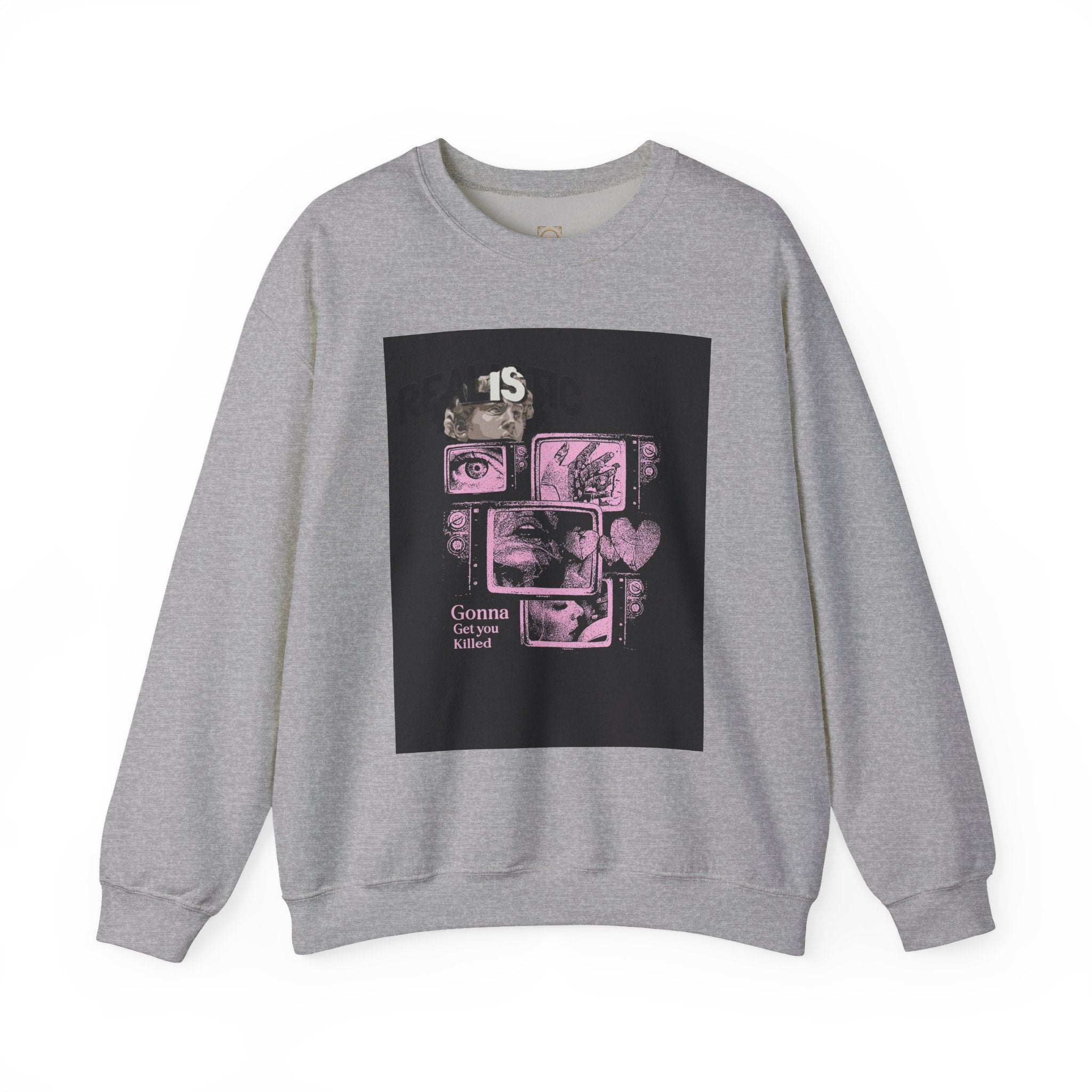 Crewneck Sweatshirt — Pink Collage Eyes Graphic “Gonna Get You, Kiddo”