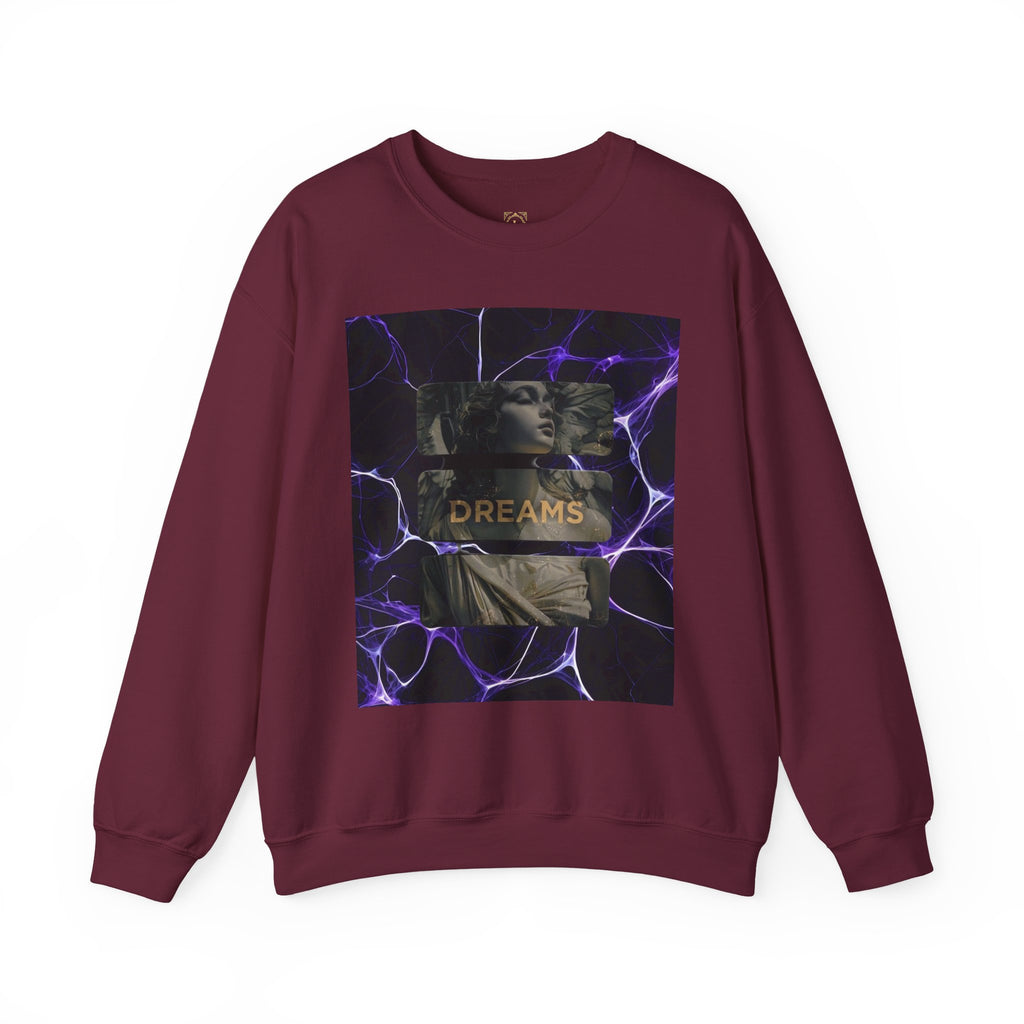 Dreams Statue Crewneck Sweatshirt — Retro Statue Graphic with Purple Lightning