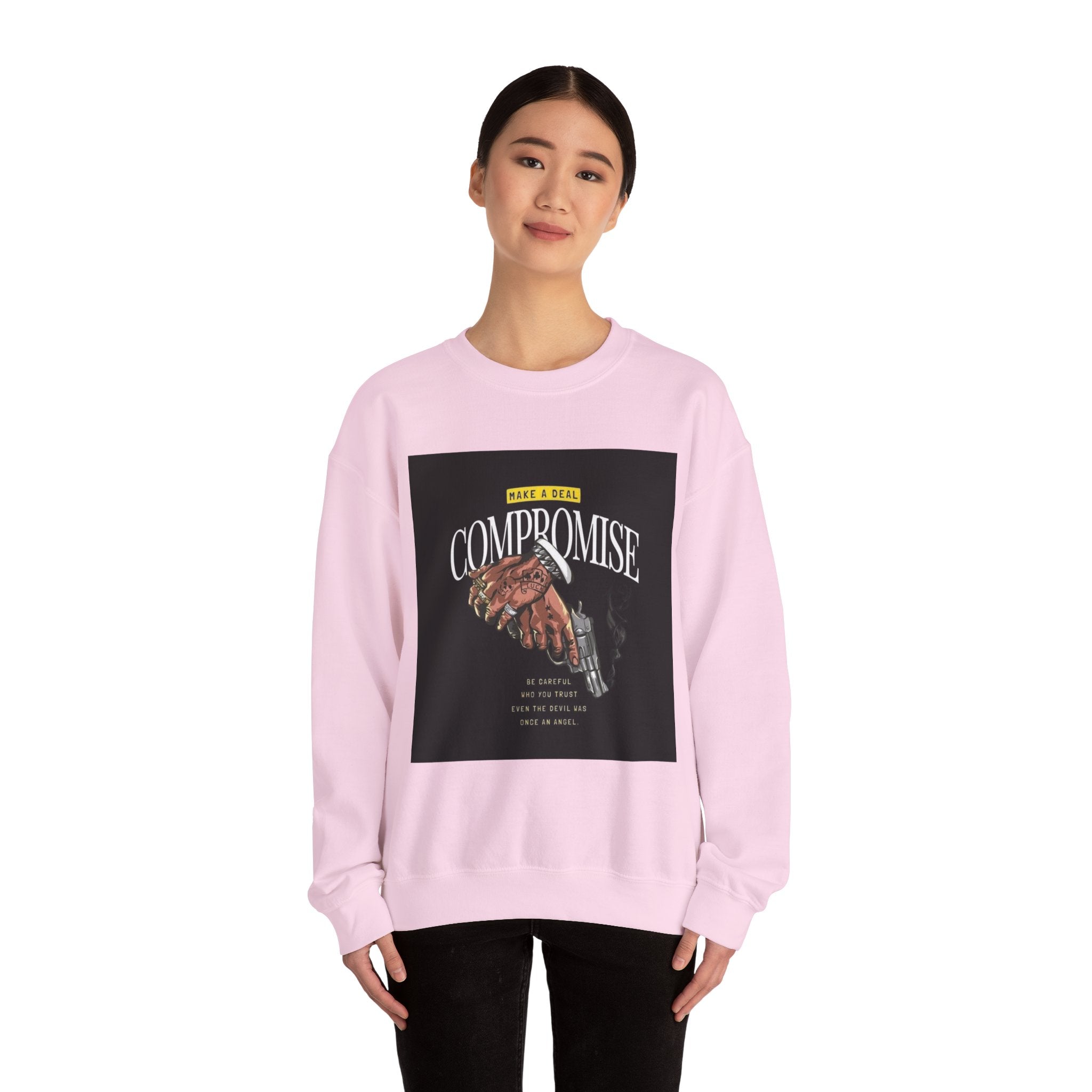 Compromise Graphic Sweatshirt — Vintage Handshake & Revolver Design