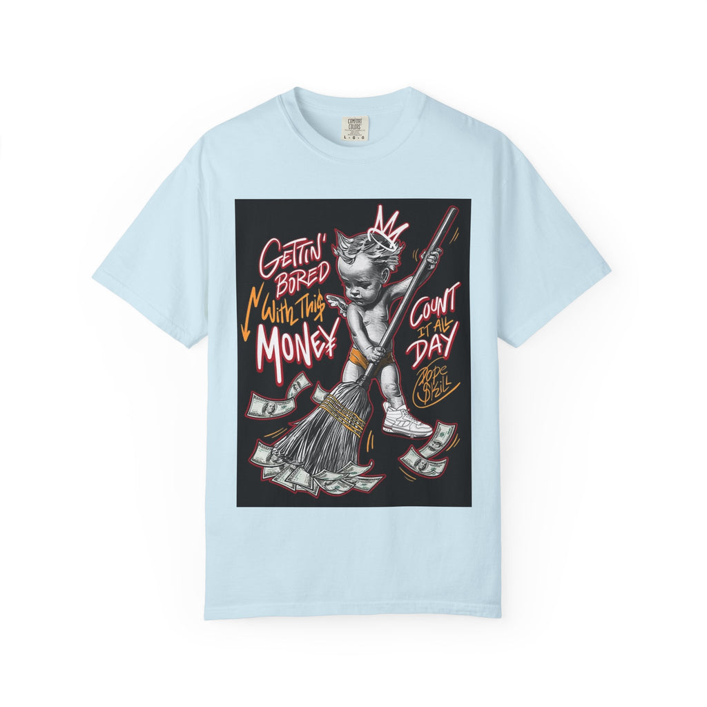 Cat Broomstick Money Tee — "Gettin' Bored With This Money" Graphic T-Shirt