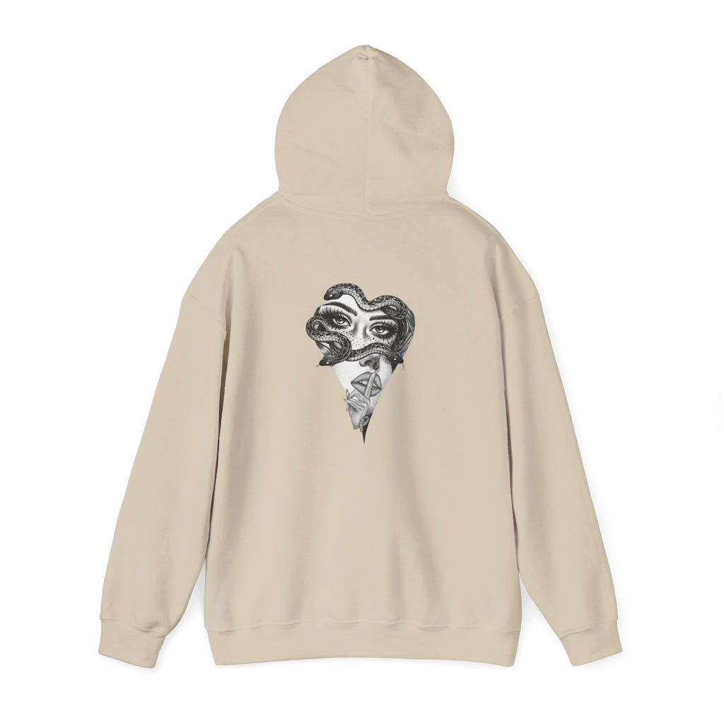 Abstract Heart Mask Hoodie — Surreal Black & White Graphic Pullover
