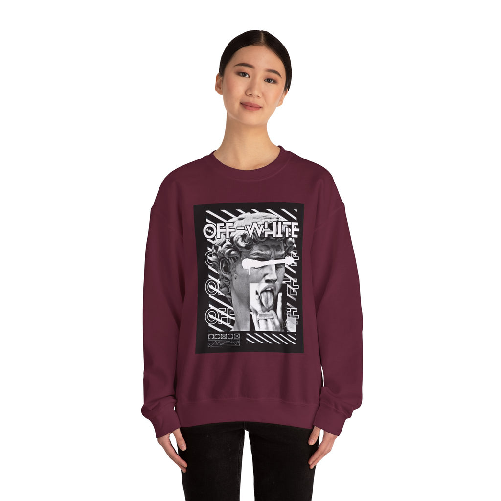 Statue Graphic Crewneck Sweatshirt — 'OFF-WHITE' Monochrome Streetwear Pullover