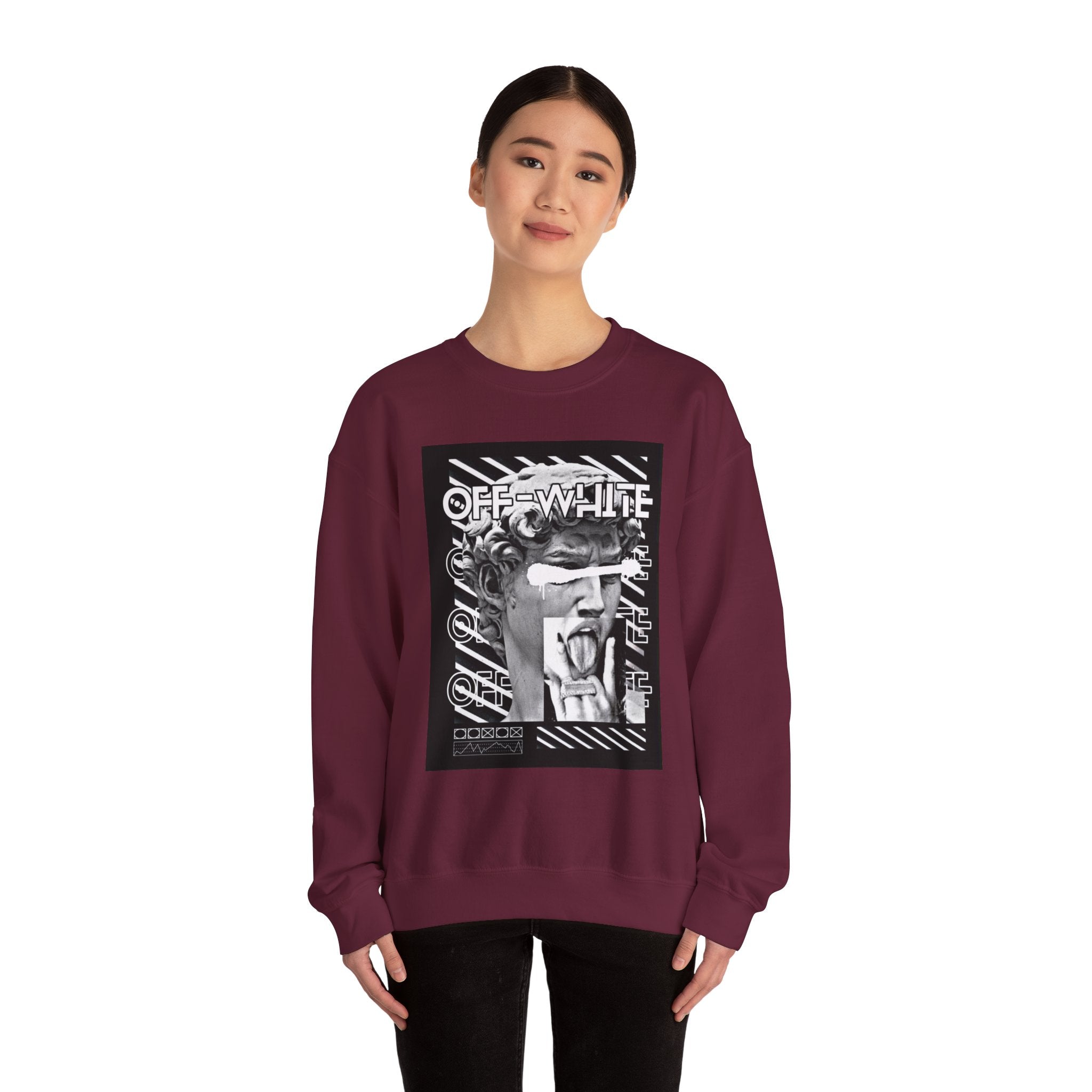 Statue Graphic Crewneck Sweatshirt — 'OFF-WHITE' Monochrome Streetwear Pullover