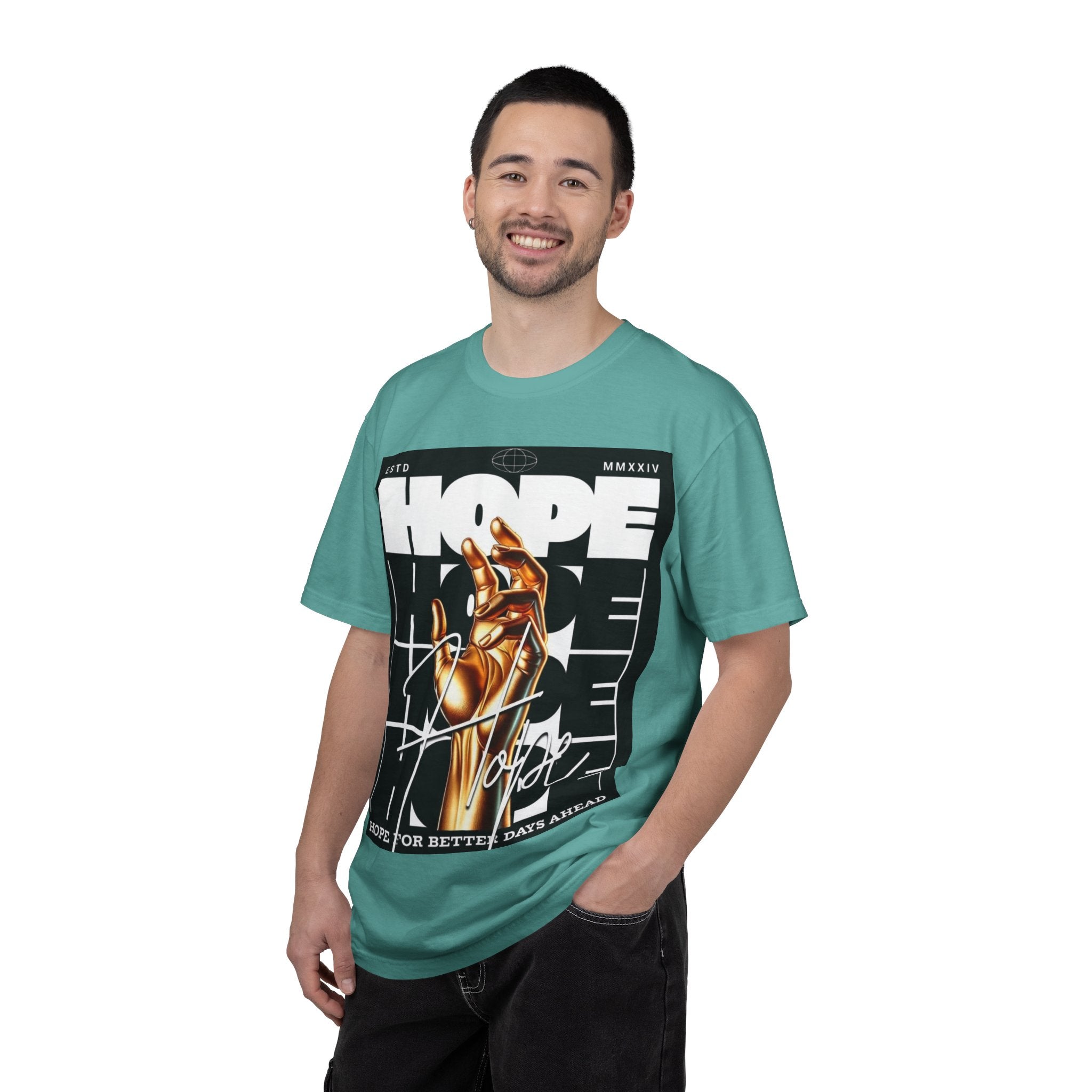 Hope Vibe Graphic T-Shirt — 'Hope for Better Days Ahead' Chest Print with Gold Hand & Back 'Legaciess' Logo