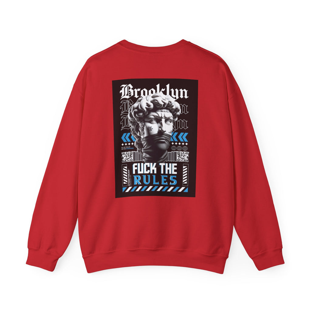 Crewneck Sweatshirt — 'Brooklyn' Statue Graphic with “Fuck the Rules” Streetwear Slogan