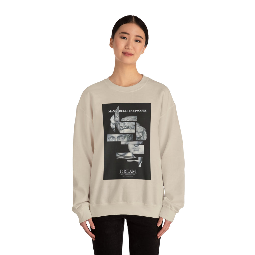 Dream Fragment Crewneck Sweatshirt — 'Man Struggles Upwards' Statue Collage