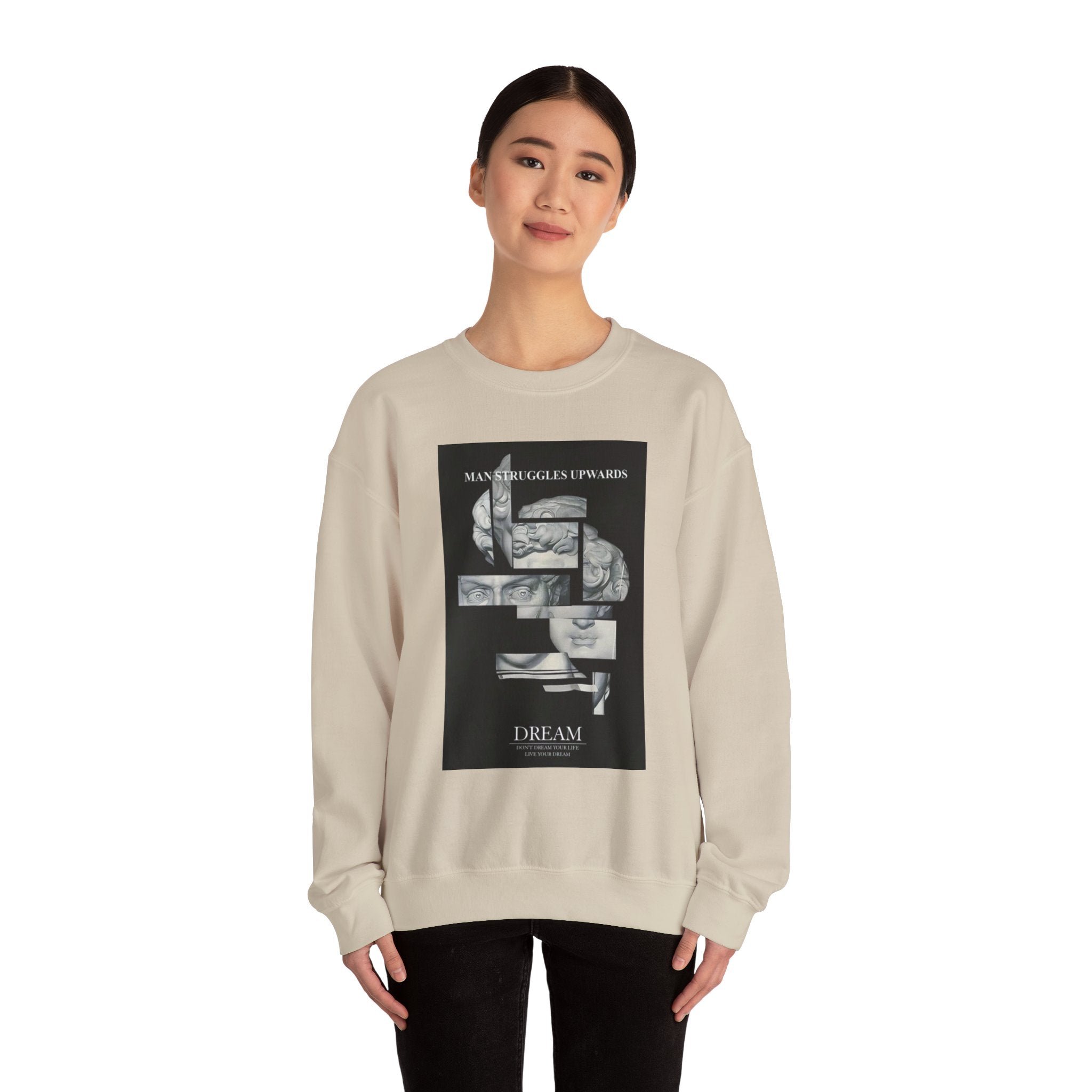Dream Fragment Crewneck Sweatshirt — 'Man Struggles Upwards' Statue Collage