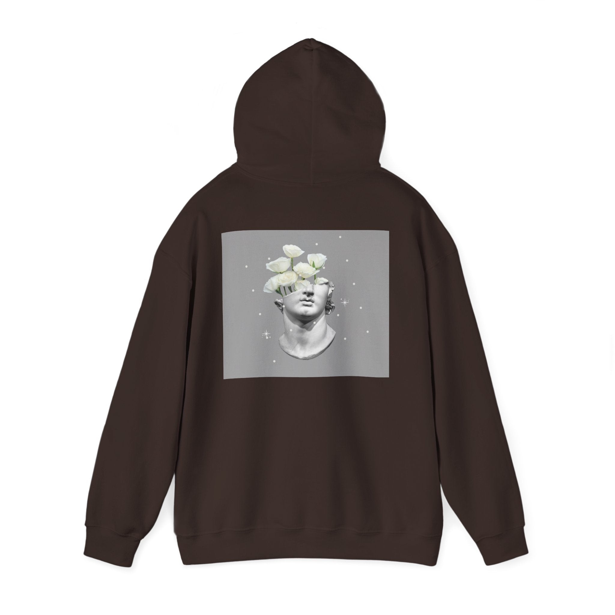 Statue Bloom Hoodie — Classical Bust with White Flowers Graphic Hoodie