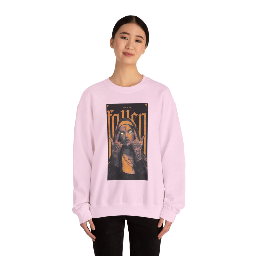 Fallen Gothic Crewneck Sweatshirt — Dark Tattooed Nun Graphic