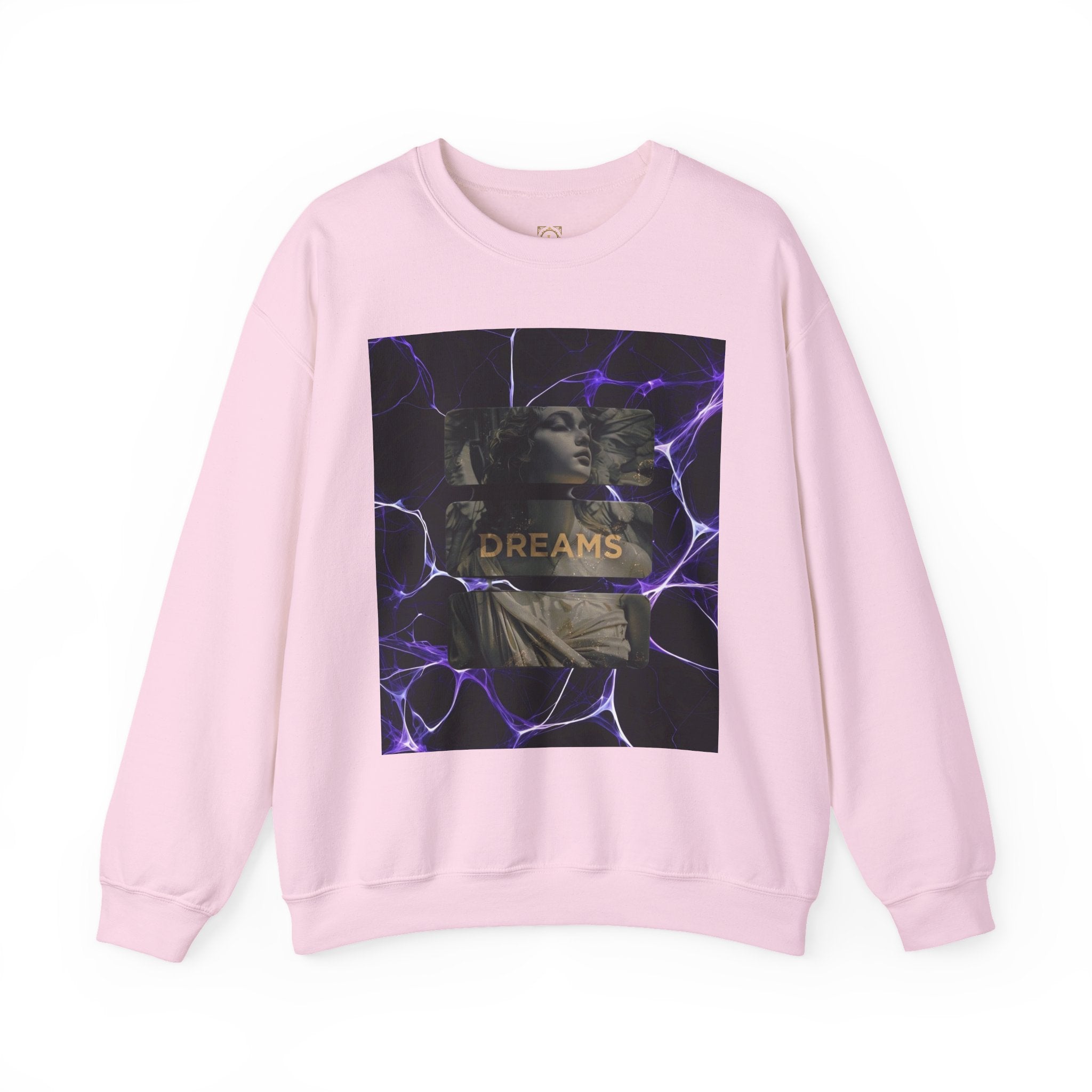Dreams Statue Crewneck Sweatshirt — Retro Statue Graphic with Purple Lightning