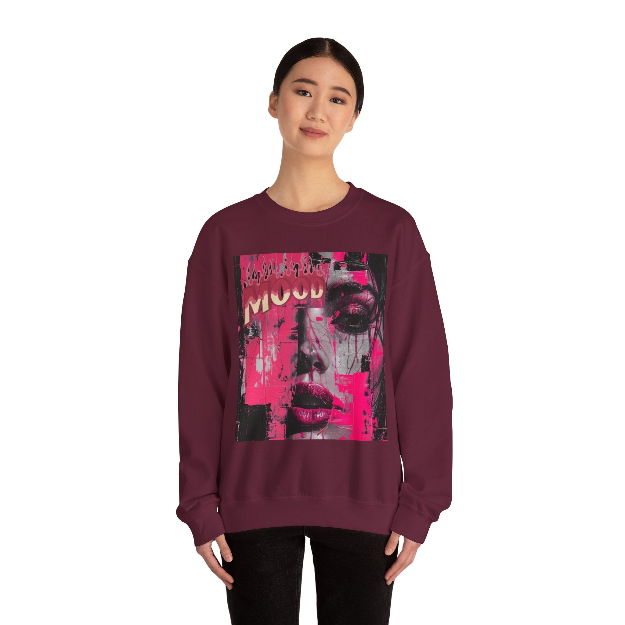 Graphic Crewneck Sweatshirt — Pink Glitch Portrait “MOOD”