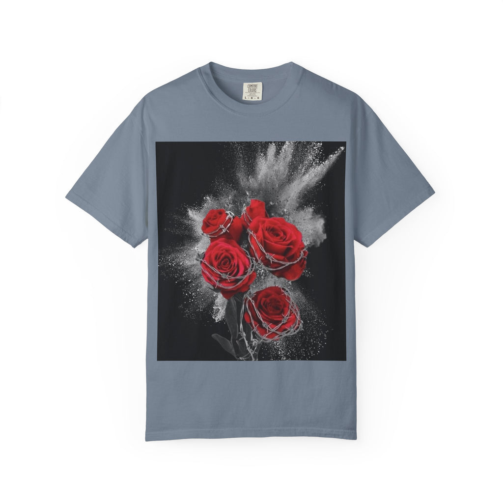 Rose Burst T-Shirt — Red Roses Graphic Tee with 'LEGACIESS' Back Logo