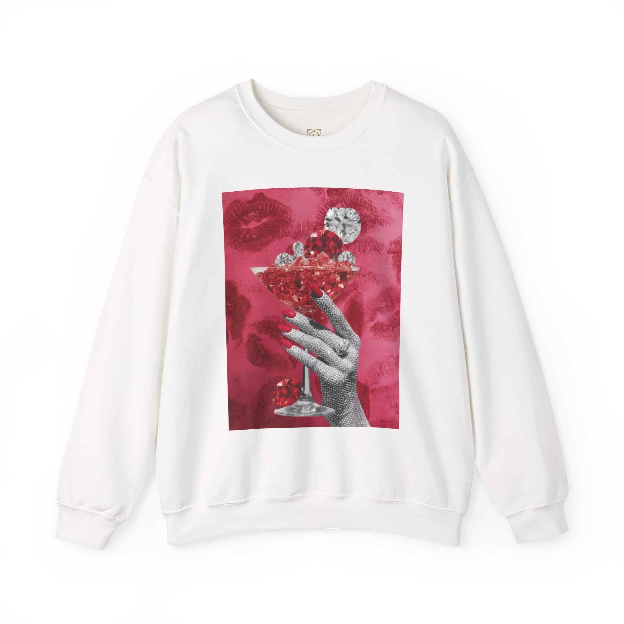 Crewneck Sweatshirt — Glamorous Red Cocktail Collage (Hand Holding Glass, Lip Print)