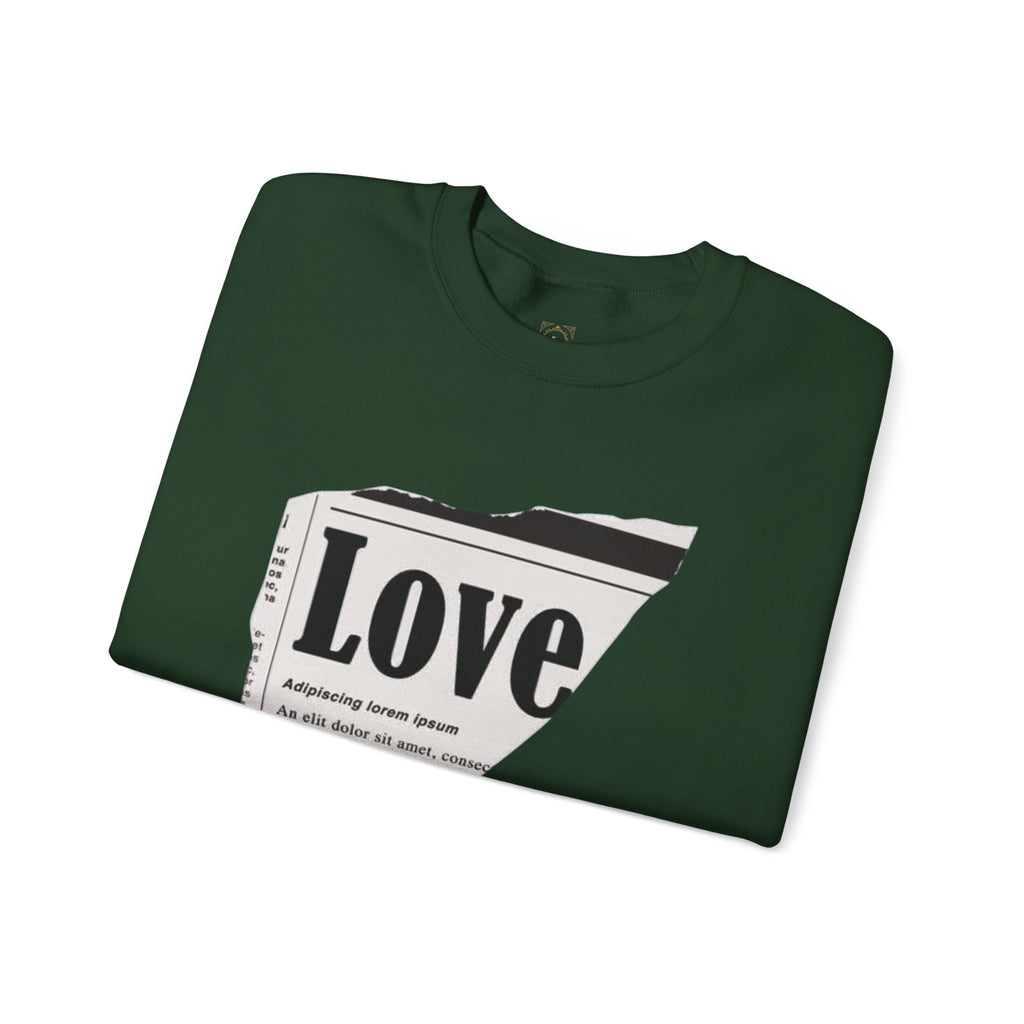 Crewneck Sweatshirt — 'Love' Newspaper Graphic with 'Oh Wait,' Text