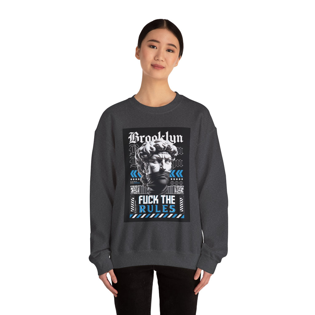 Crewneck Sweatshirt — 'Brooklyn' Statue Graphic with “Fuck the Rules” Streetwear Slogan
