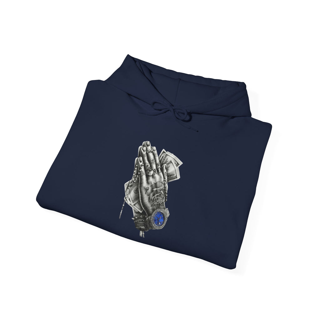 Hoodie — Praying Hands Graphic Hoodie with Blue Rose Accent
