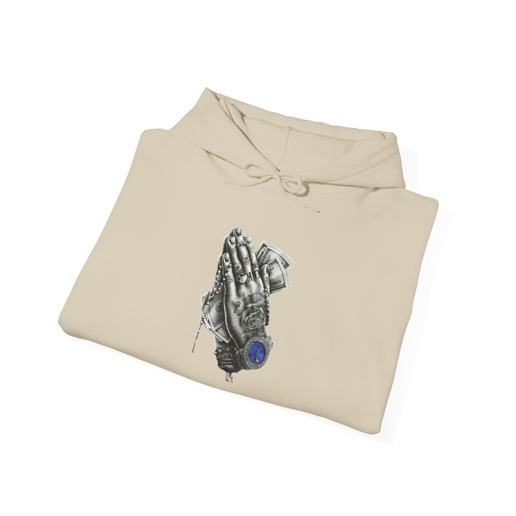 Hoodie — Praying Hands Graphic Hoodie with Blue Rose Accent