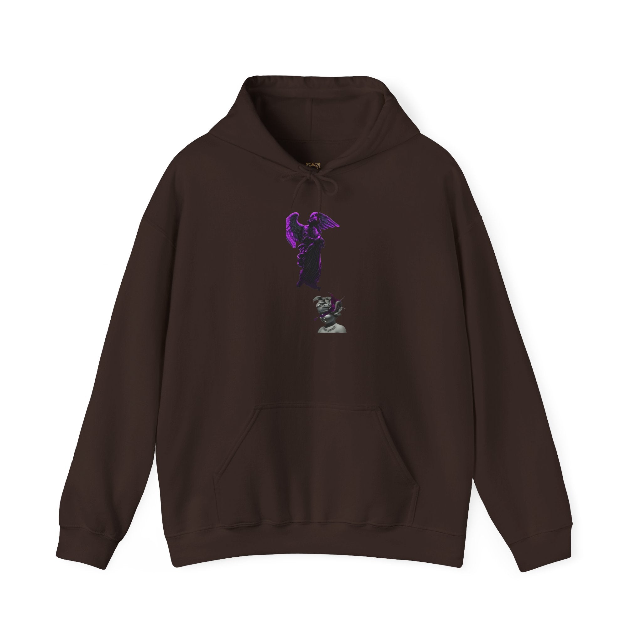 Angel Statue Hoodie — Gothic Purple Accent Sculptural Graphic Hoodie