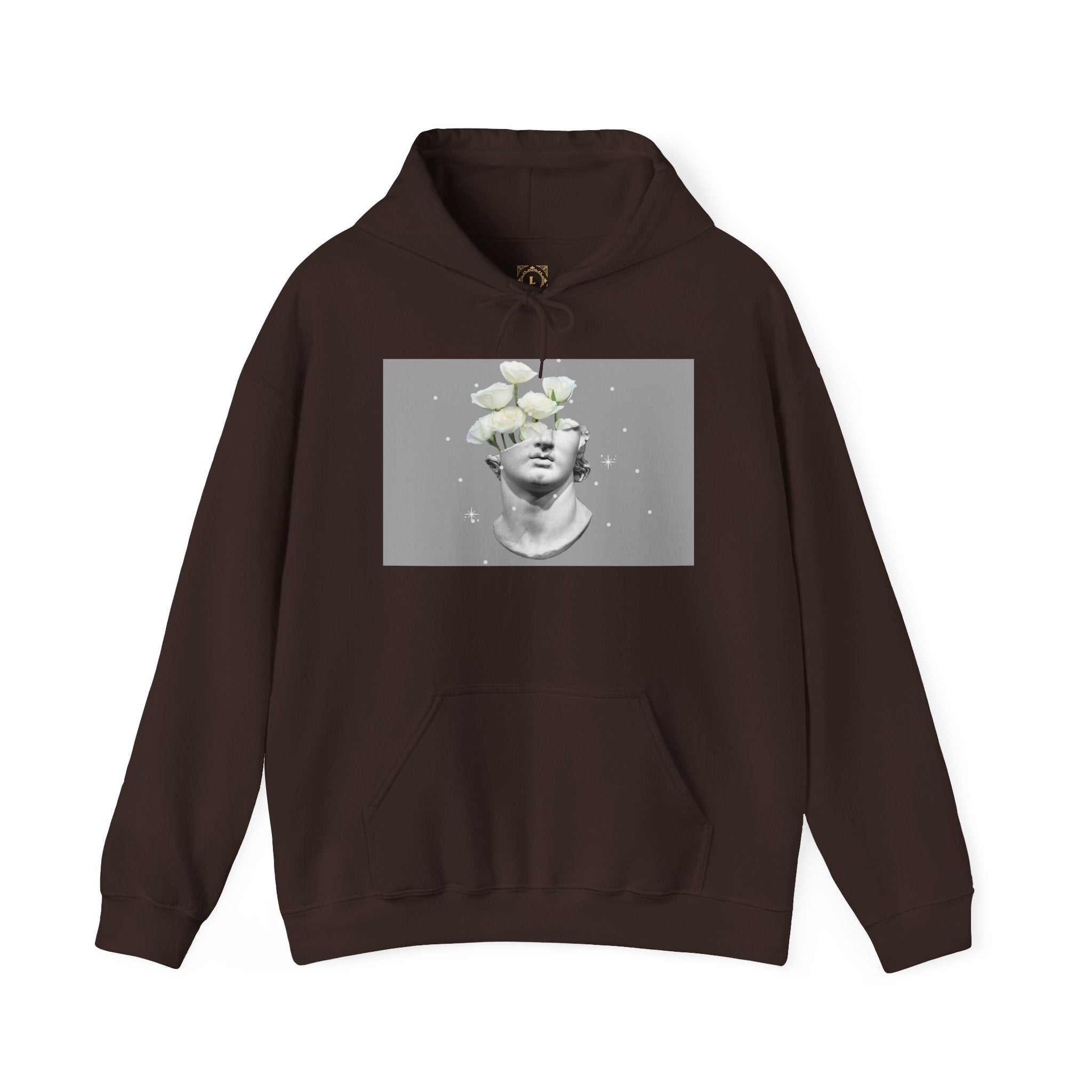 Statue Bloom Hoodie — Classical Bust with White Flowers Graphic Hoodie