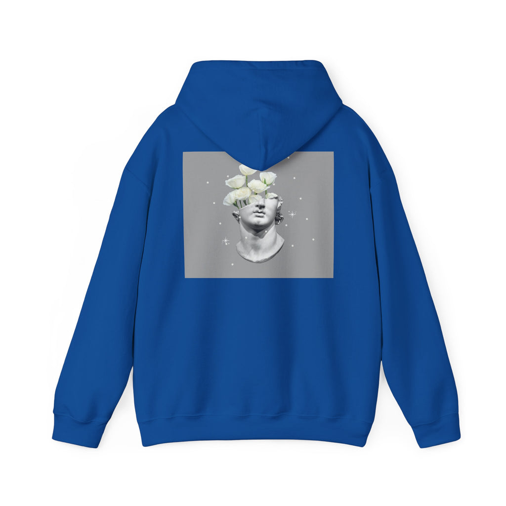 Statue Bloom Hoodie — Classical Bust with White Flowers Graphic Hoodie