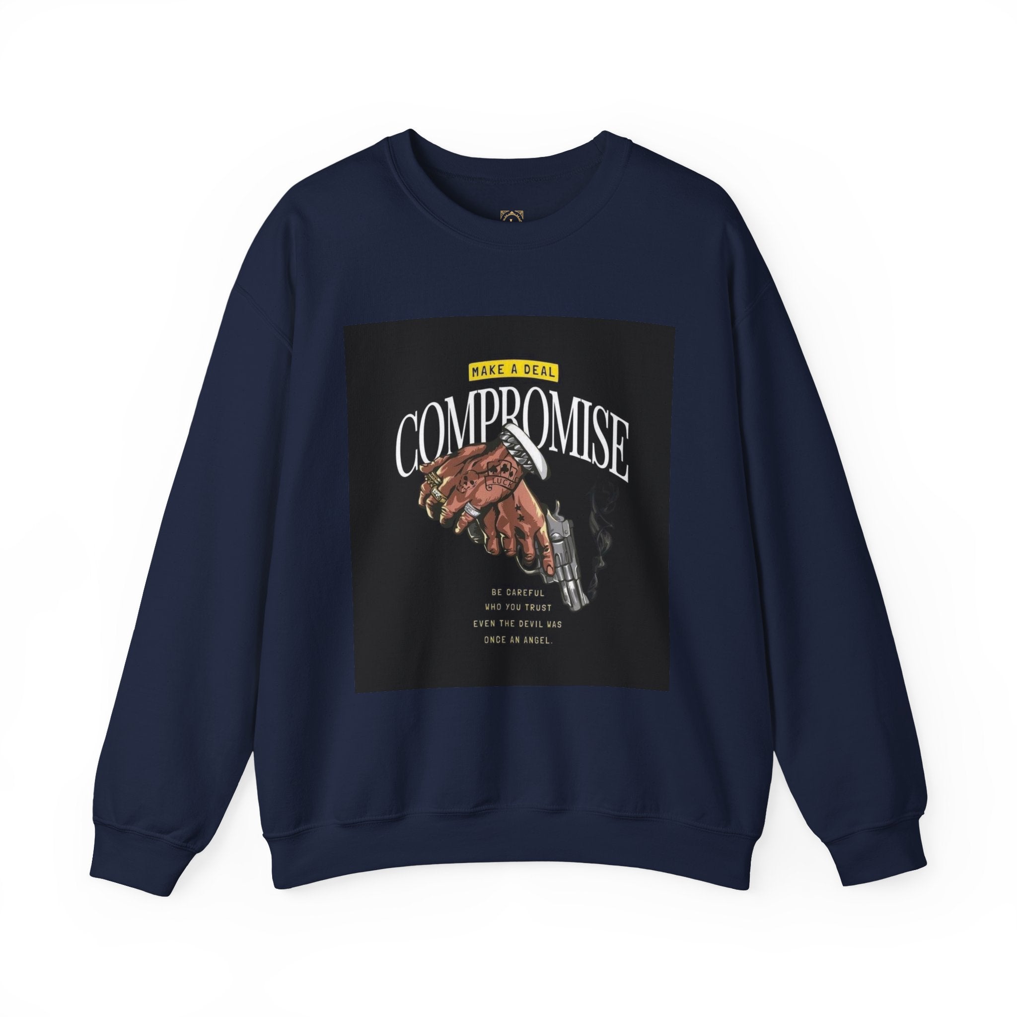 Compromise Graphic Sweatshirt — Vintage Handshake & Revolver Design