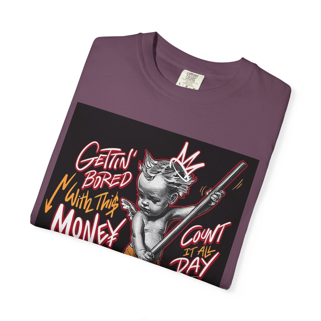 Cat Broomstick Money Tee — "Gettin' Bored With This Money" Graphic T-Shirt