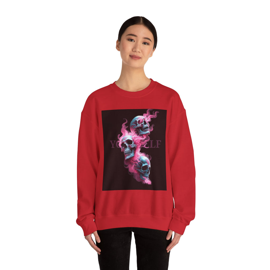 Skull Smoke Crewneck Sweatshirt — Neon Pink & Blue Gothic Graphic