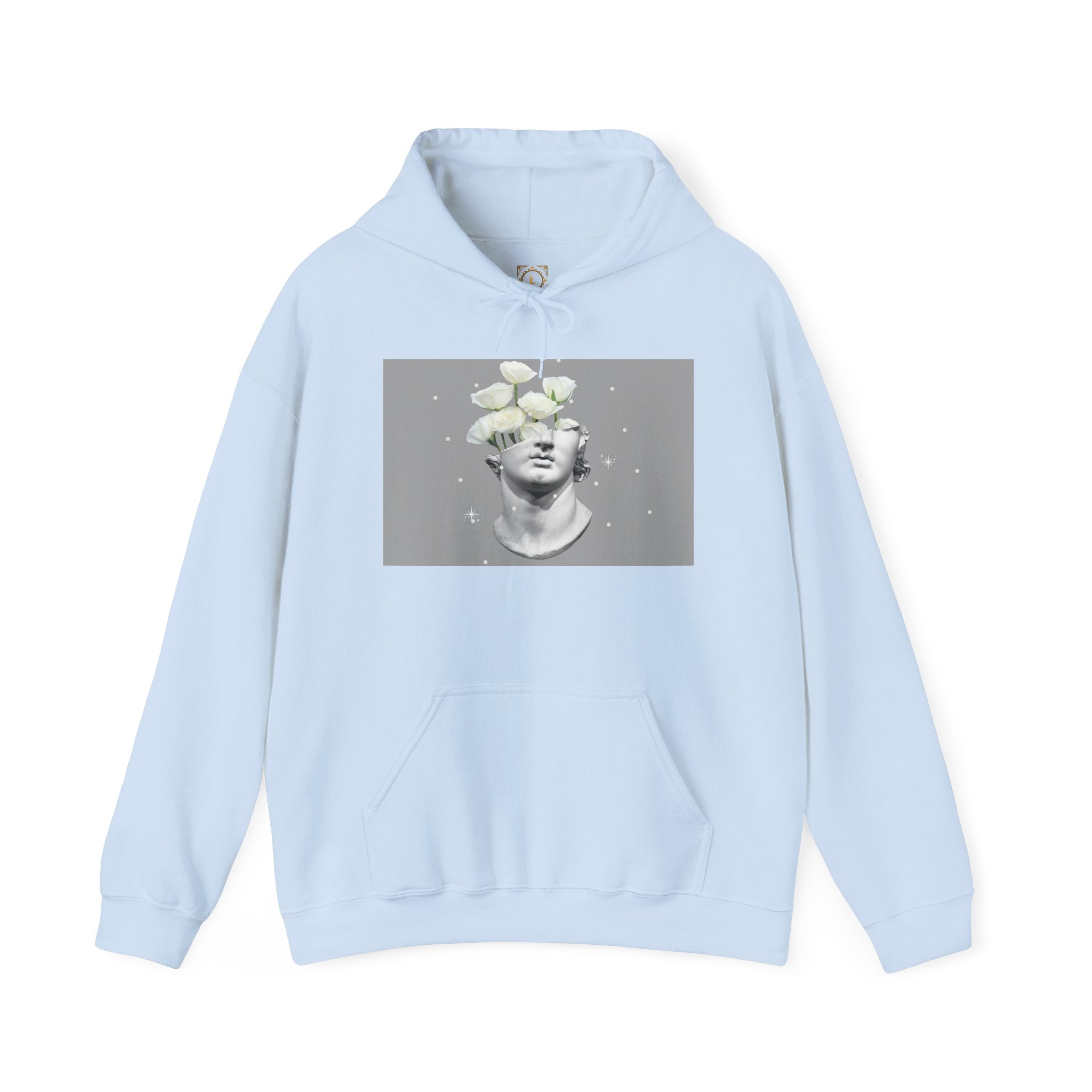 Statue Bloom Hoodie — Classical Bust with White Flowers Graphic Hoodie