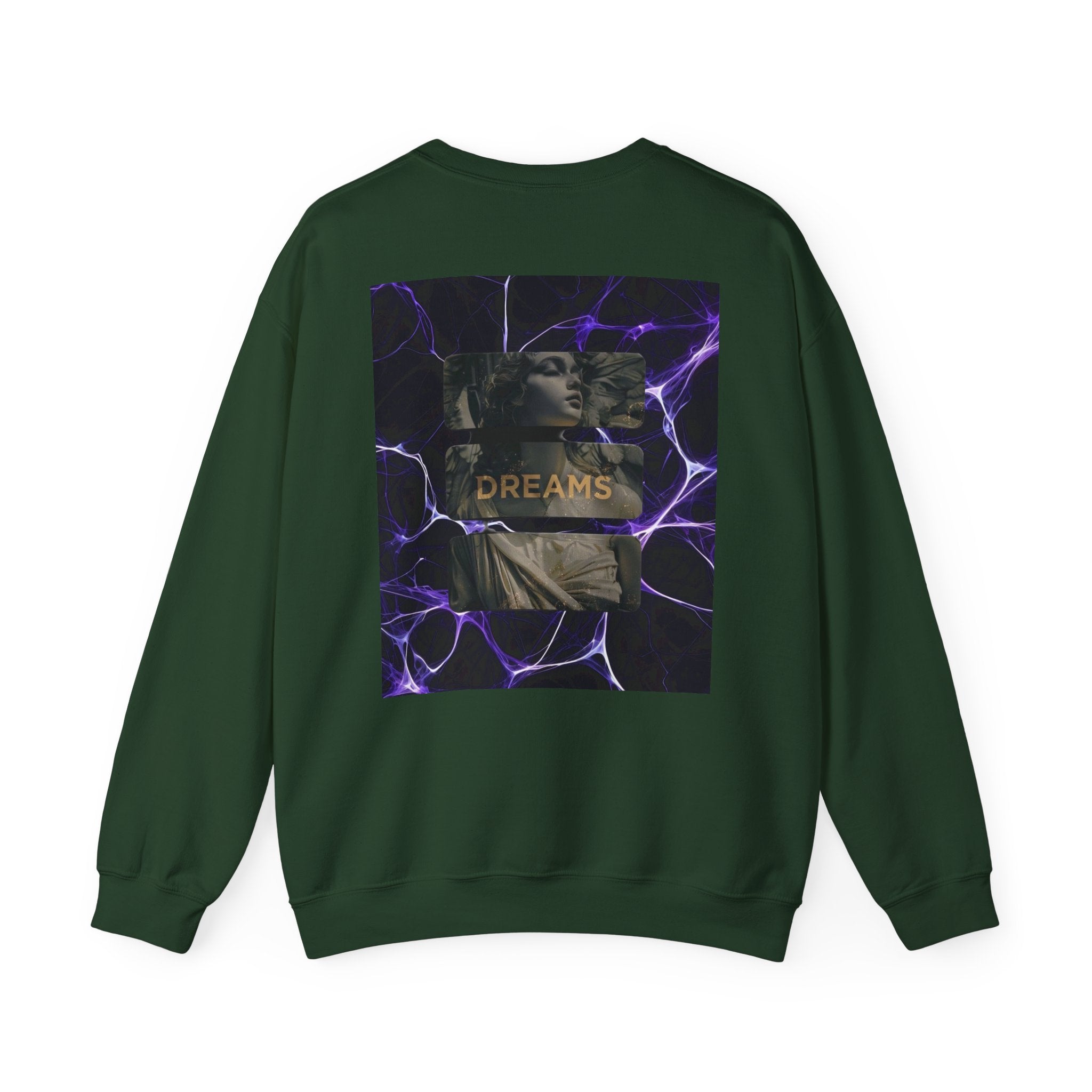 Dreams Statue Crewneck Sweatshirt — Retro Statue Graphic with Purple Lightning