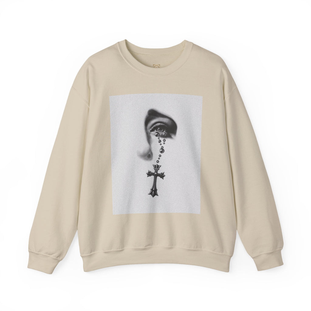 Rosary Tear Crewneck Sweatshirt — Gothic Eye & Cross Graphic