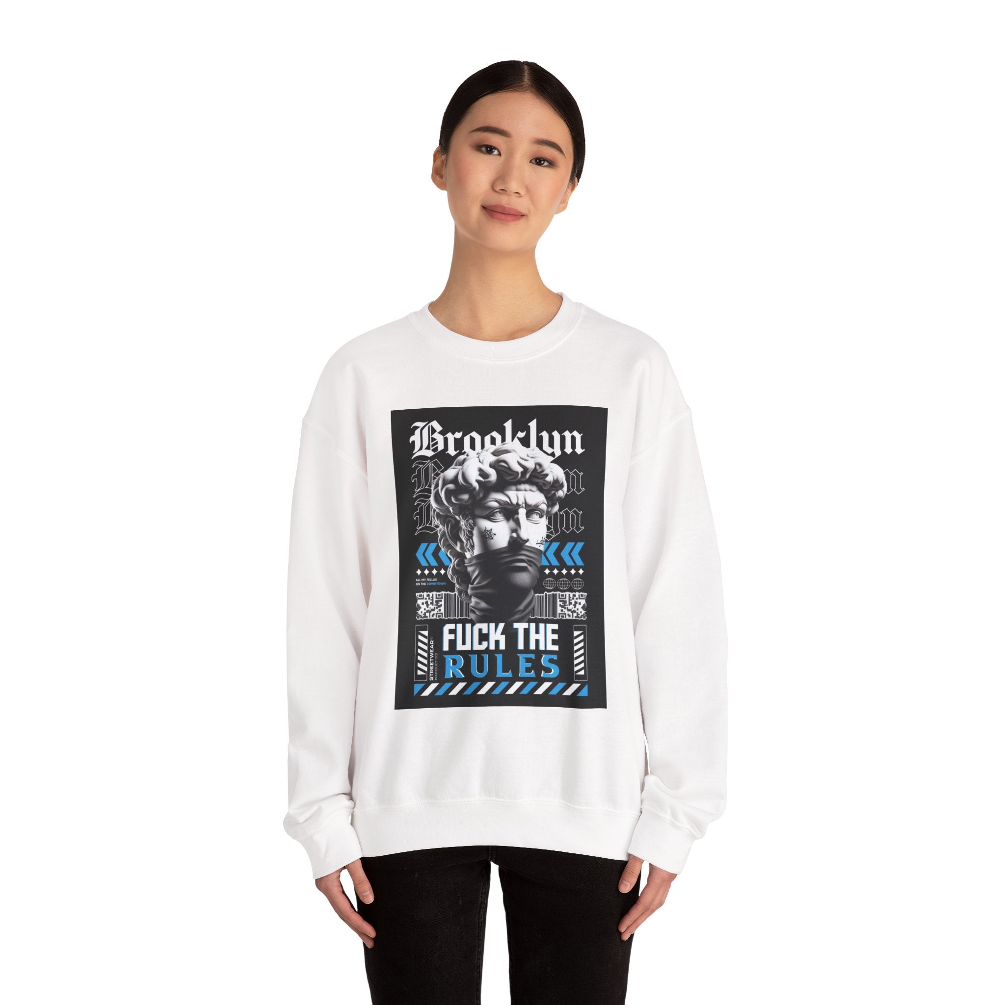 Crewneck Sweatshirt — 'Brooklyn' Statue Graphic with “Fuck the Rules” Streetwear Slogan