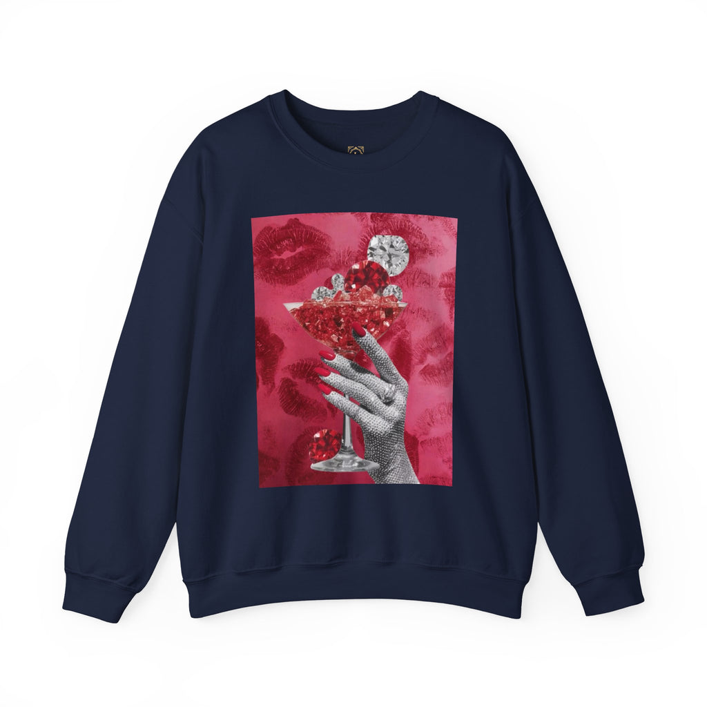 Crewneck Sweatshirt — Glamorous Red Cocktail Collage (Hand Holding Glass, Lip Print)