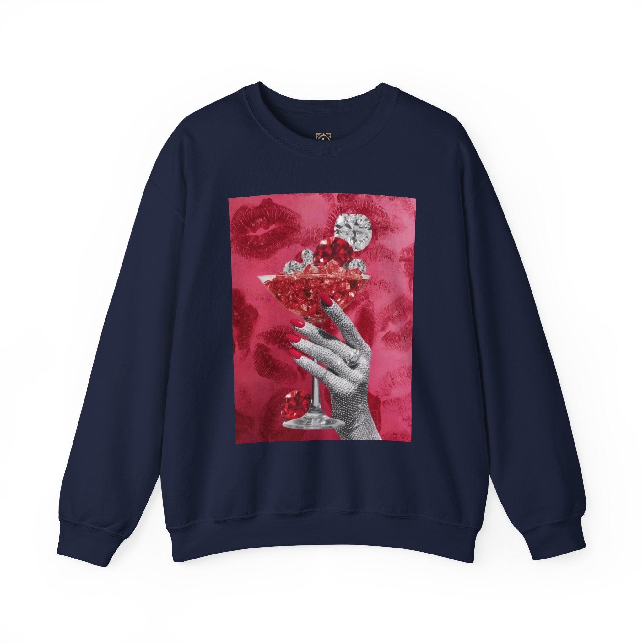 Crewneck Sweatshirt — Glamorous Red Cocktail Collage (Hand Holding Glass, Lip Print)