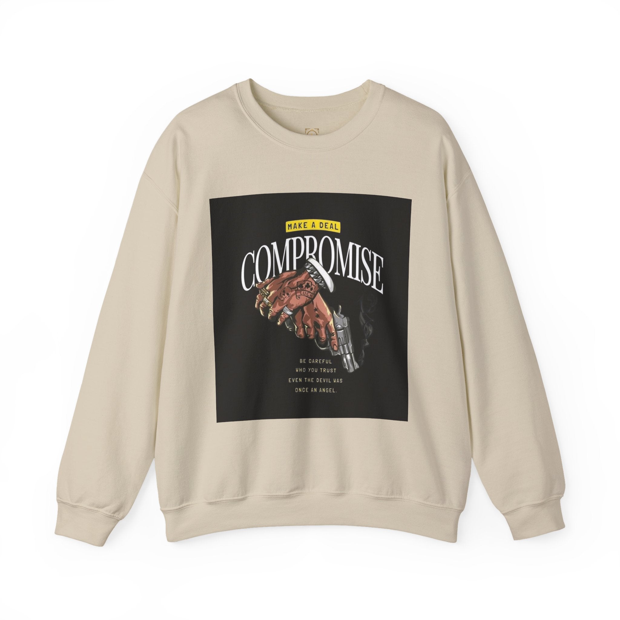 Compromise Graphic Sweatshirt — Vintage Handshake & Revolver Design