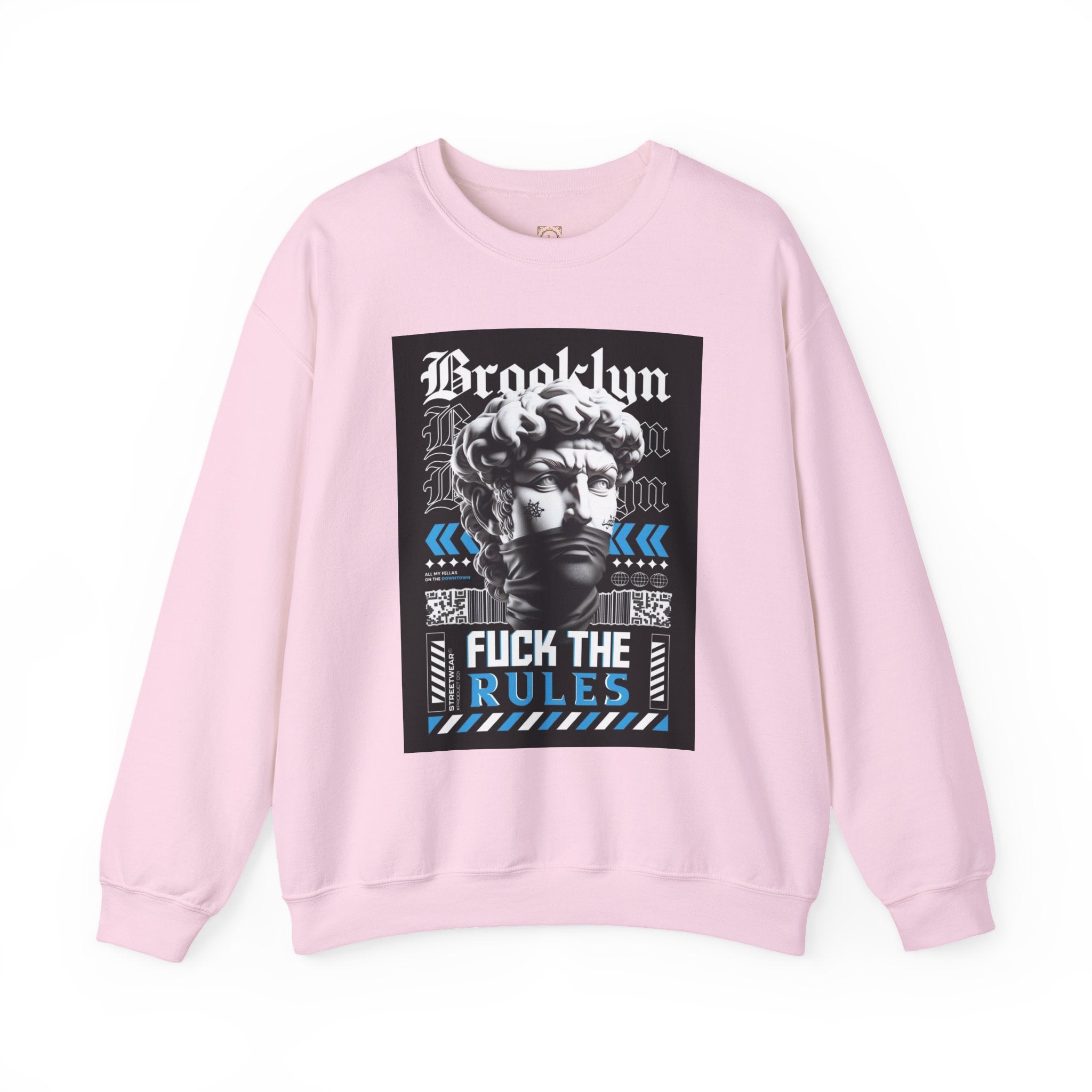 Crewneck Sweatshirt — 'Brooklyn' Statue Graphic with “Fuck the Rules” Streetwear Slogan