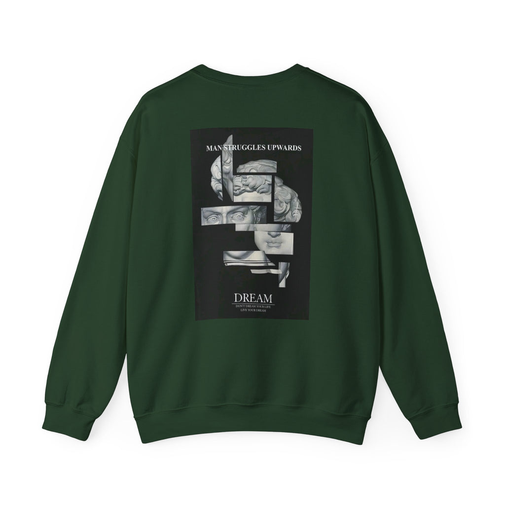 Dream Fragment Crewneck Sweatshirt — 'Man Struggles Upwards' Statue Collage