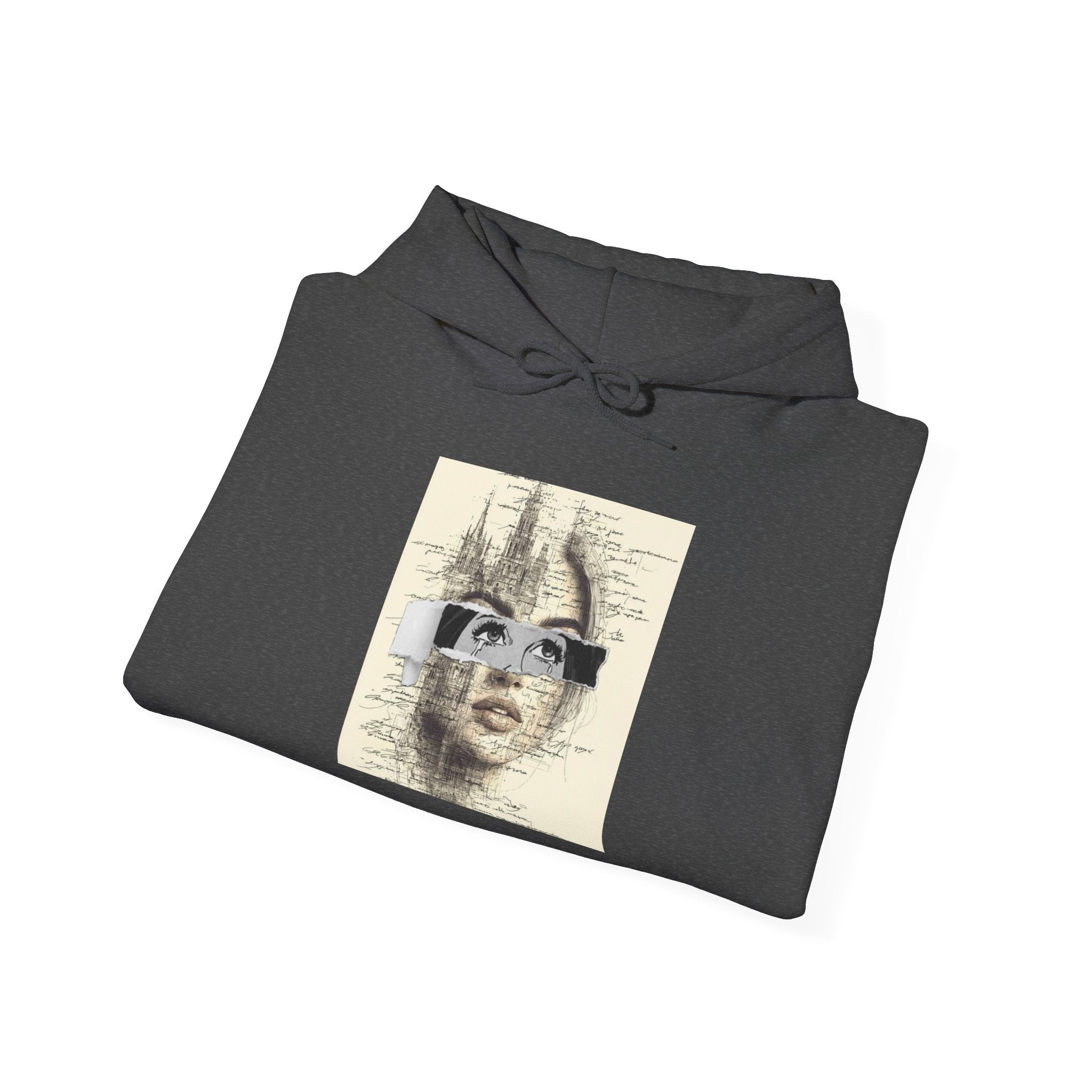 Artistic Face Collage Hoodie — Vintage Script Portrait Sweatshirt