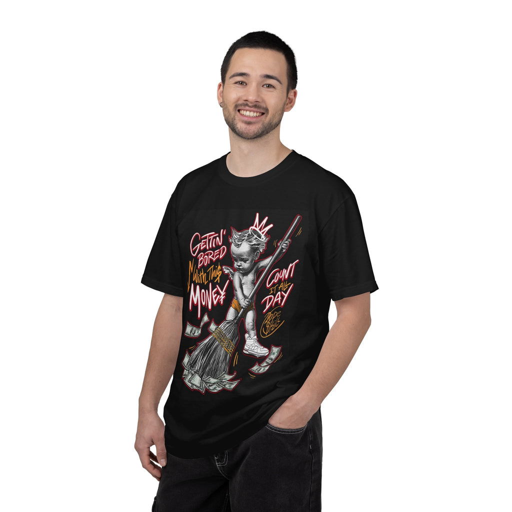 Cat Broomstick Money Tee — "Gettin' Bored With This Money" Graphic T-Shirt