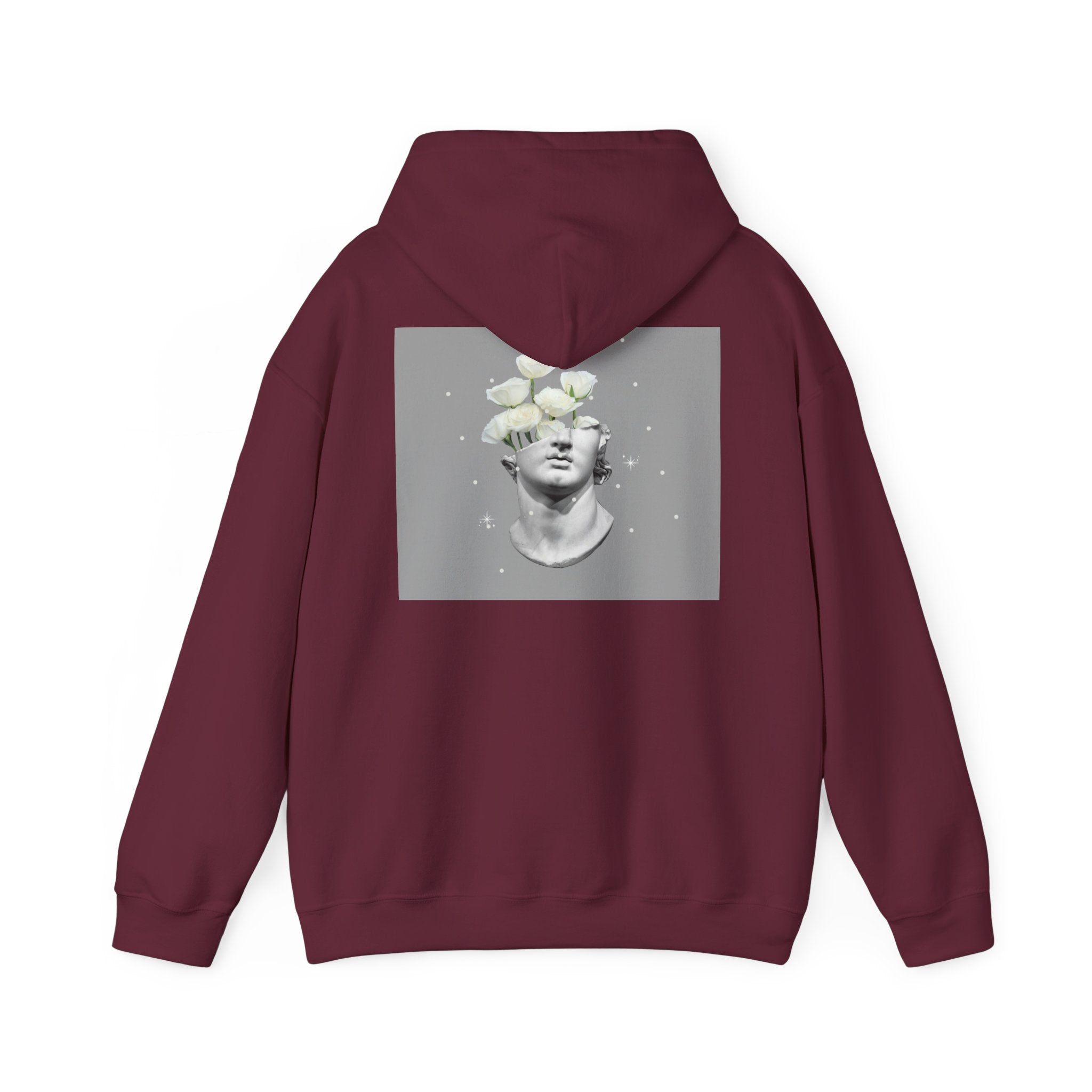 Statue Bloom Hoodie — Classical Bust with White Flowers Graphic Hoodie