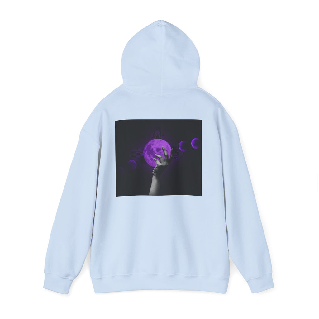 Moon Phases Hoodie — Purple Lunar Hand Graphic Pullover