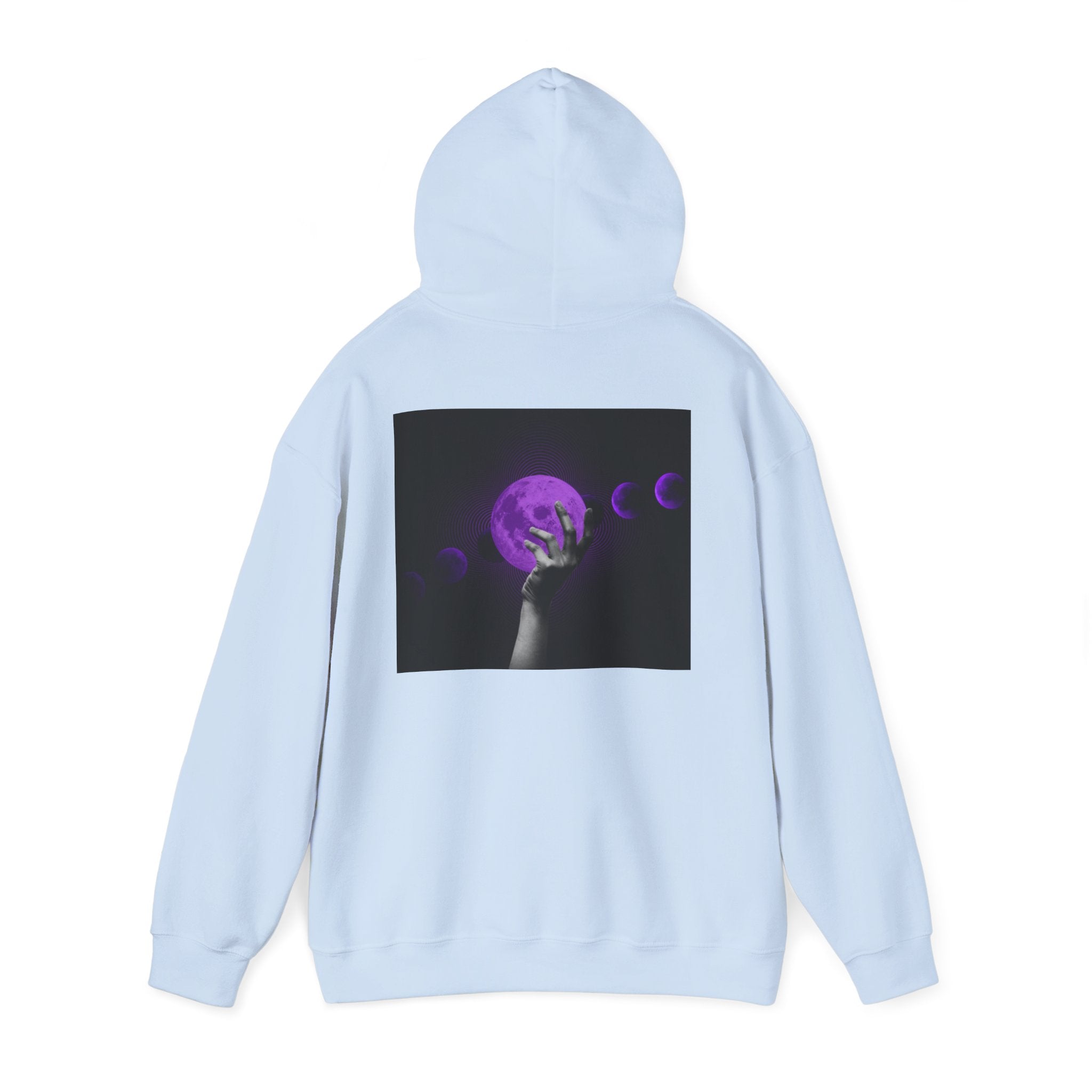 Moon Phases Hoodie — Purple Lunar Hand Graphic Pullover