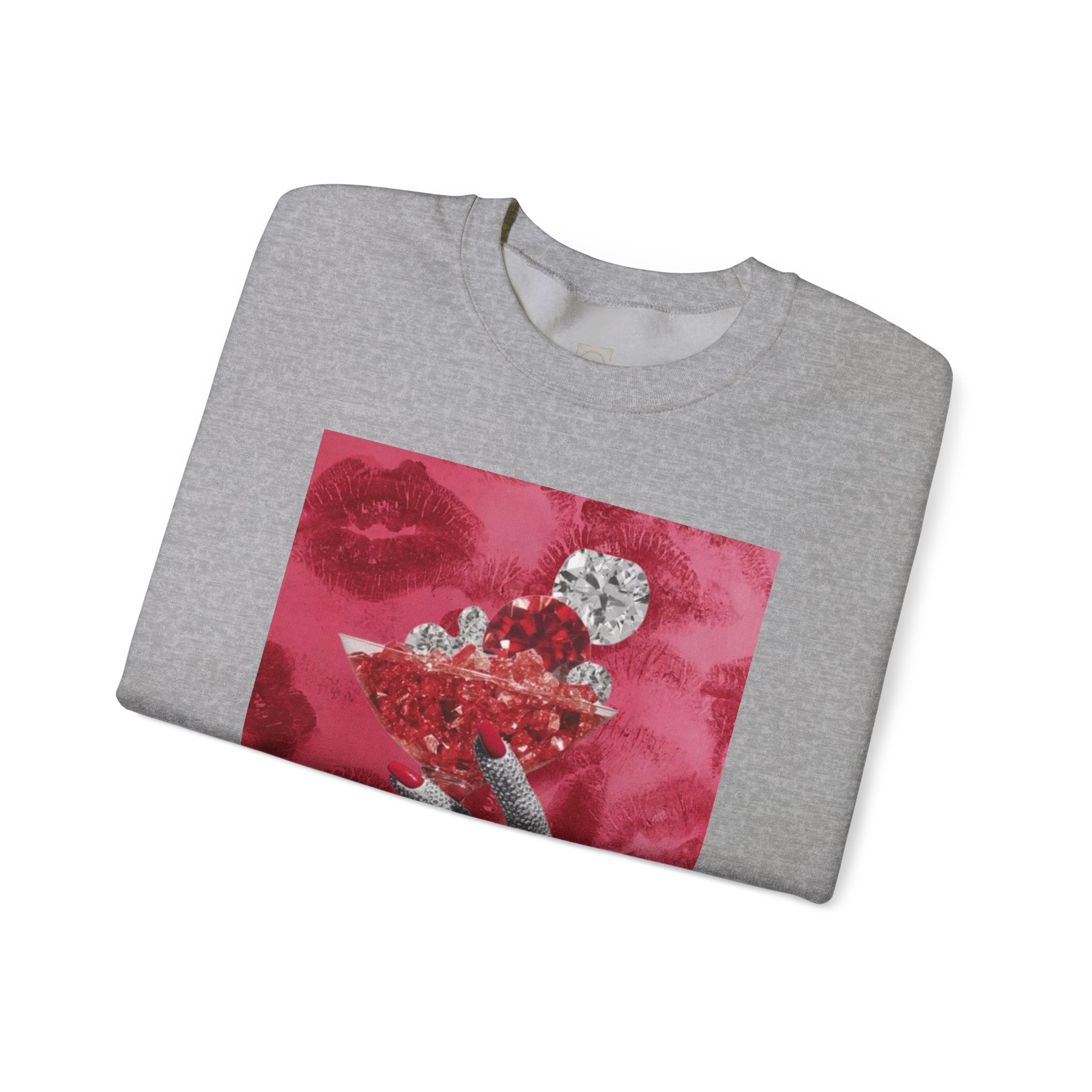 Crewneck Sweatshirt — Glamorous Red Cocktail Collage (Hand Holding Glass, Lip Print)