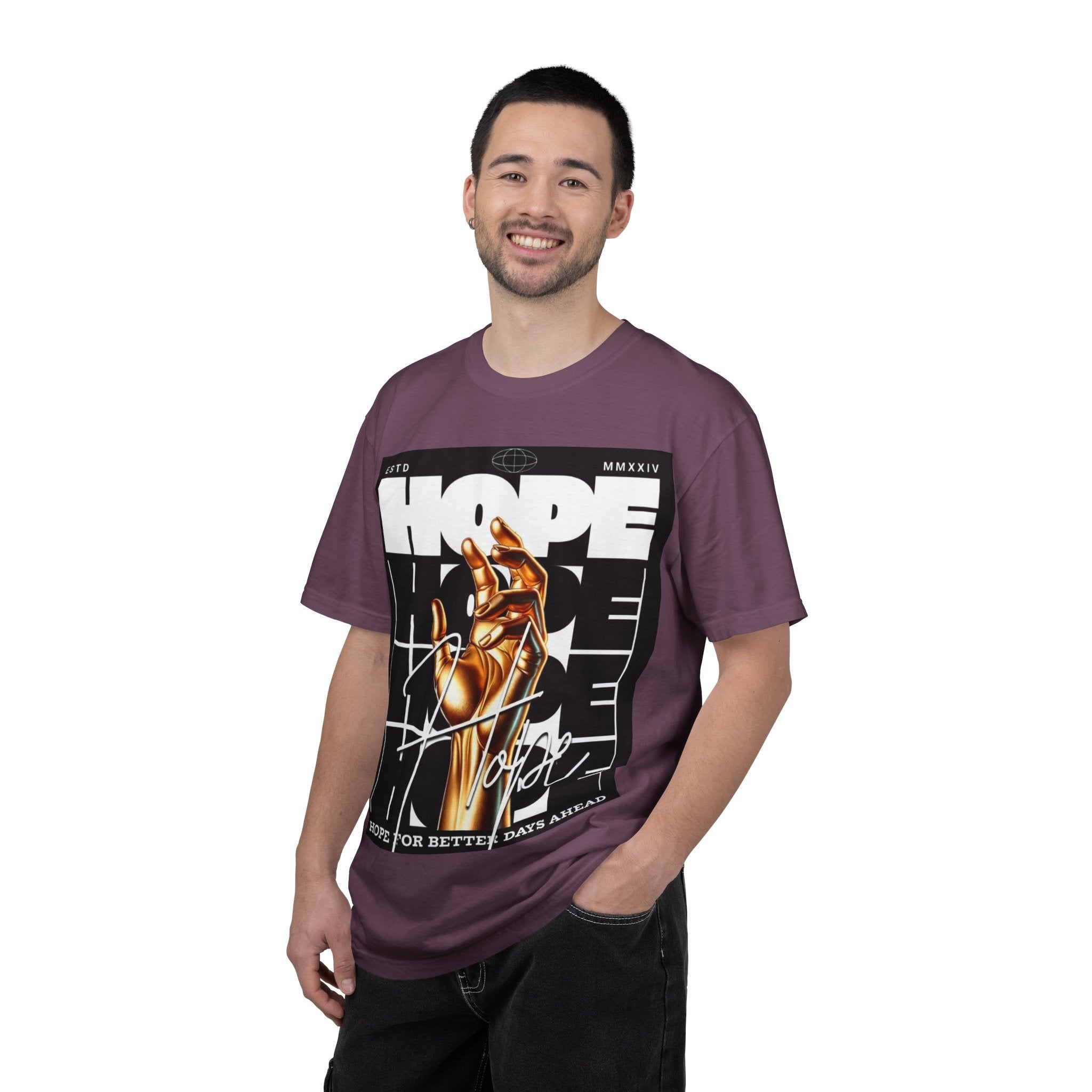 Hope Vibe Graphic T-Shirt — 'Hope for Better Days Ahead' Chest Print with Gold Hand & Back 'Legaciess' Logo