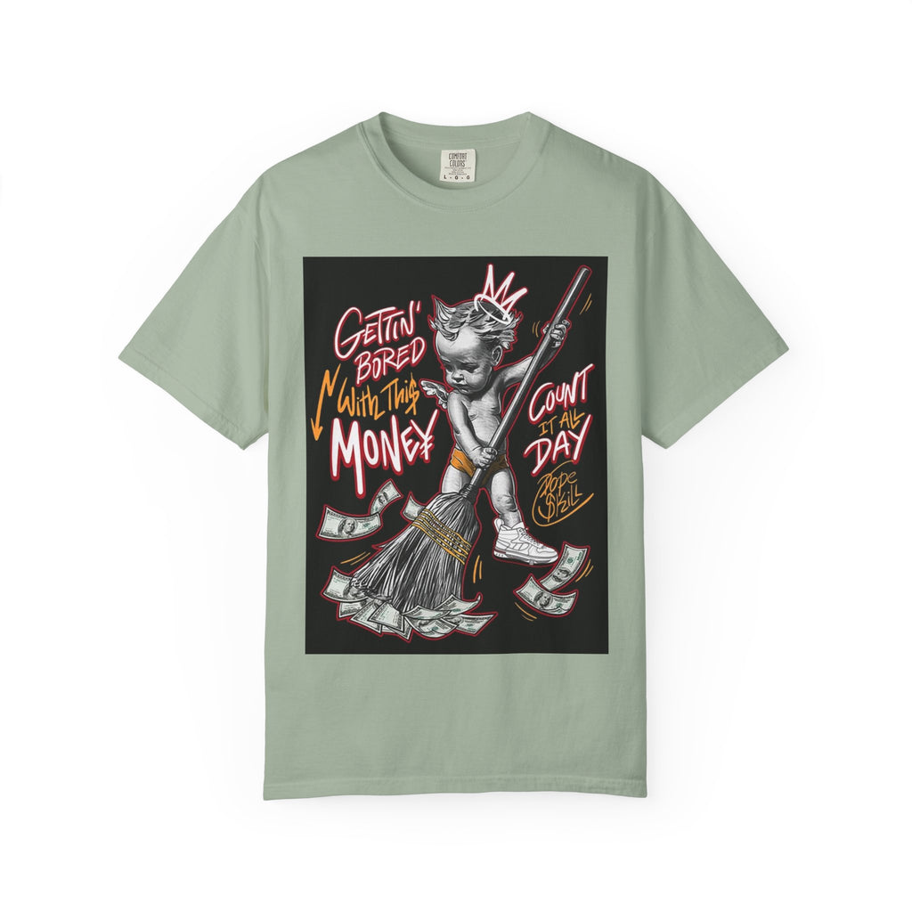 Cat Broomstick Money Tee — "Gettin' Bored With This Money" Graphic T-Shirt