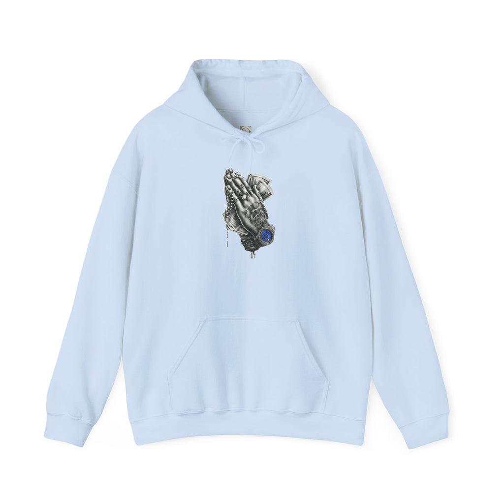 Hoodie — Praying Hands Graphic Hoodie with Blue Rose Accent