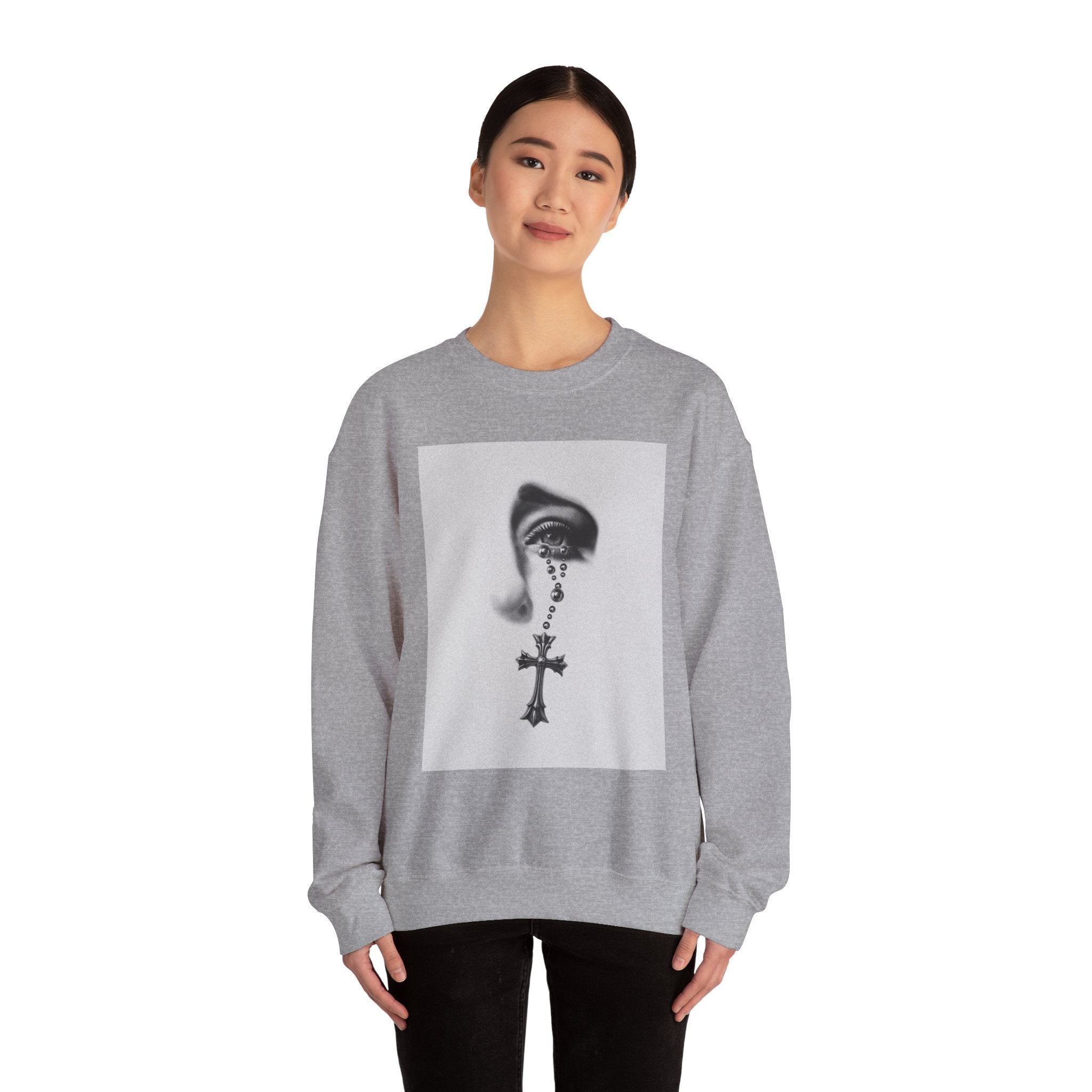 Rosary Tear Crewneck Sweatshirt — Gothic Eye & Cross Graphic