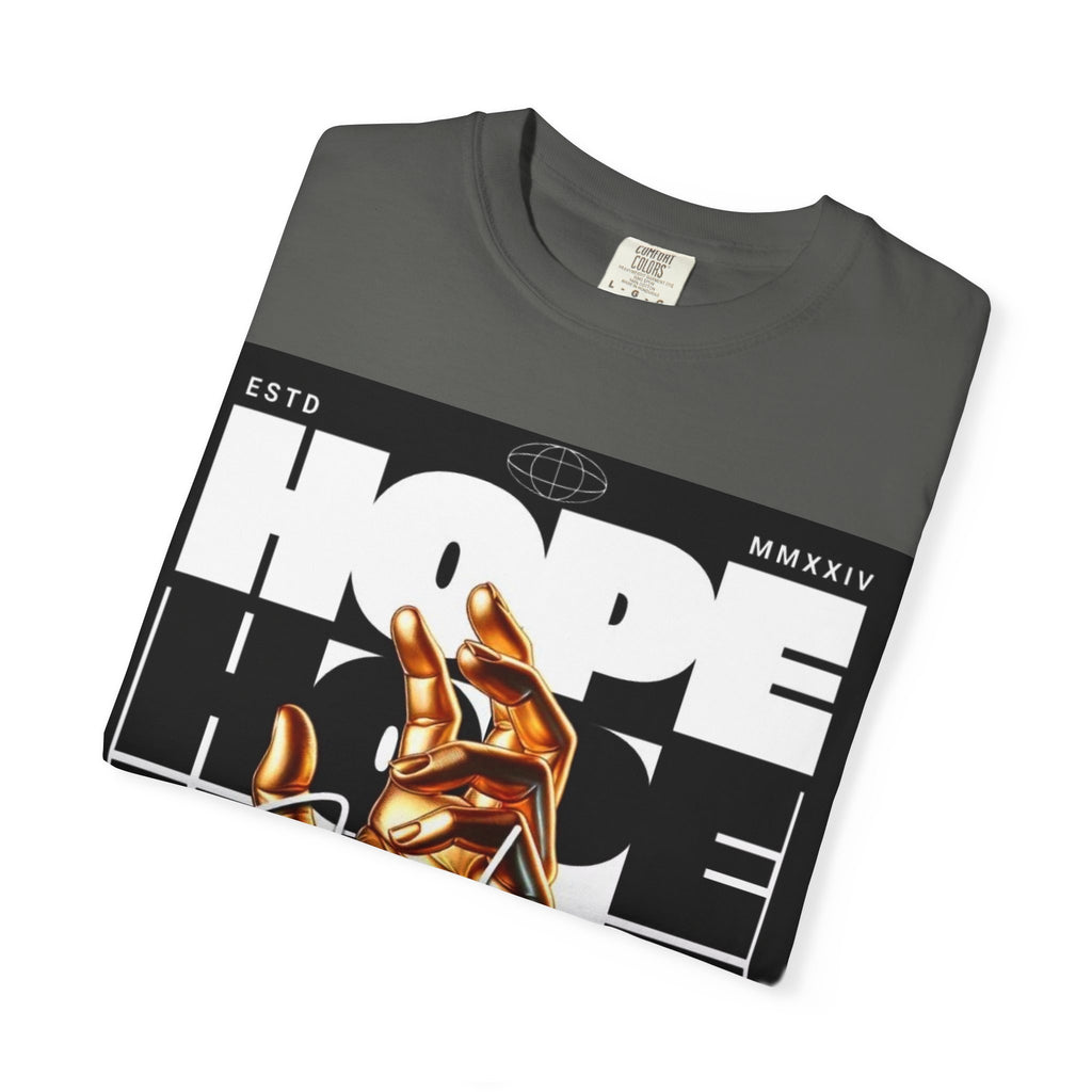Hope Vibe Graphic T-Shirt — 'Hope for Better Days Ahead' Chest Print with Gold Hand & Back 'Legaciess' Logo