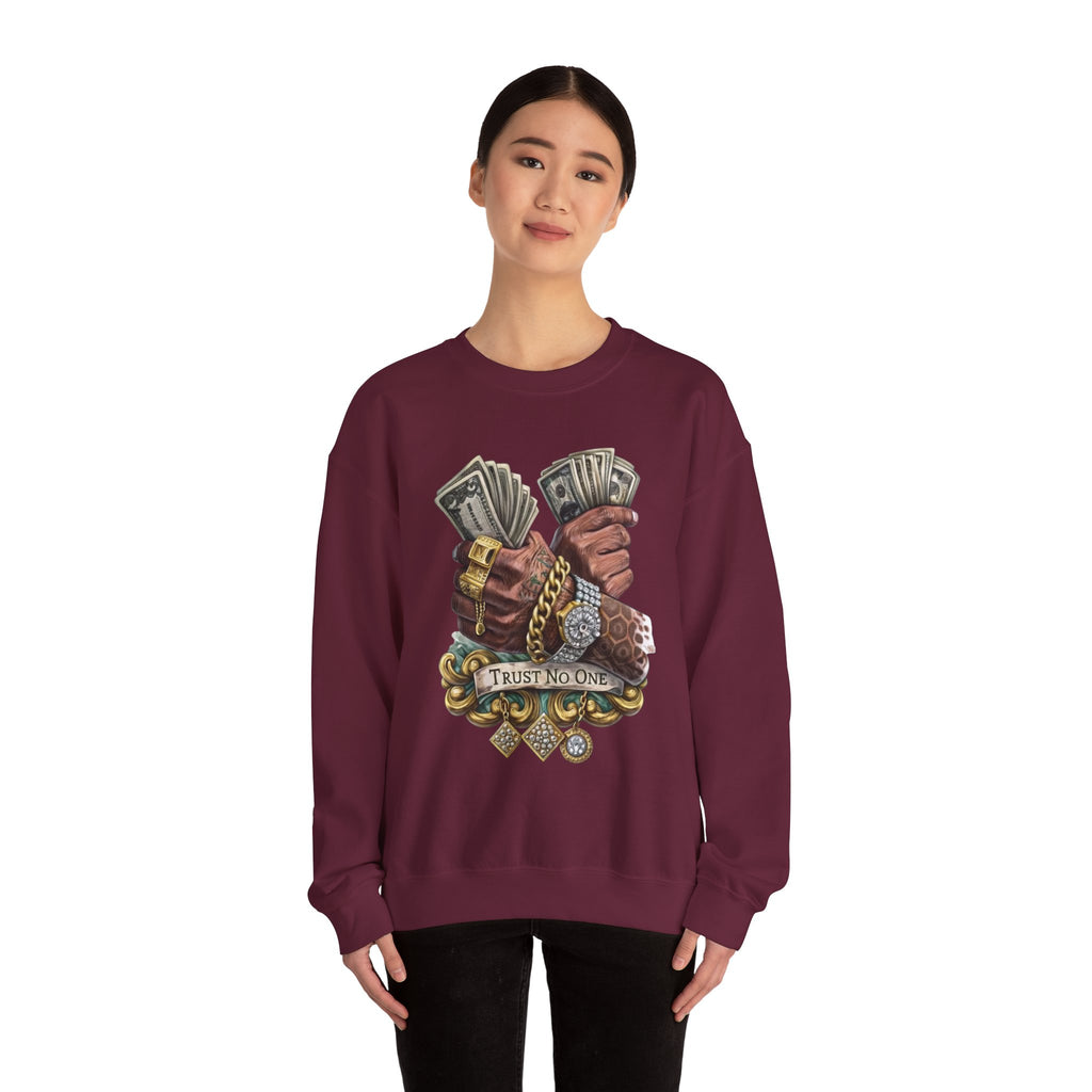 Crewneck Sweatshirt — 'Trust No One' Money Hands Graphic